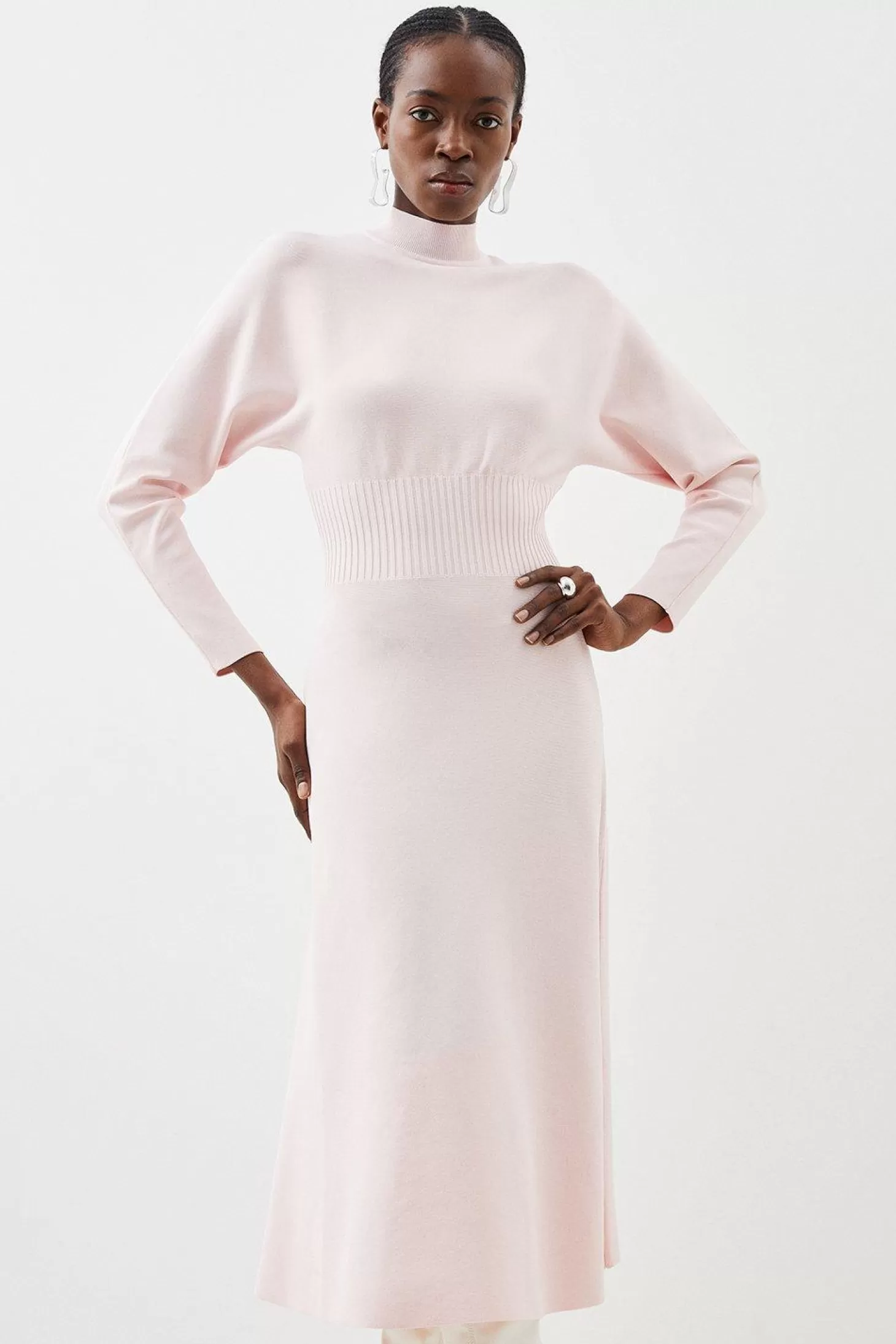 Karen Millen Premium Viscose Blend Body Contouring Cinched Waist Knit Batwing Dress