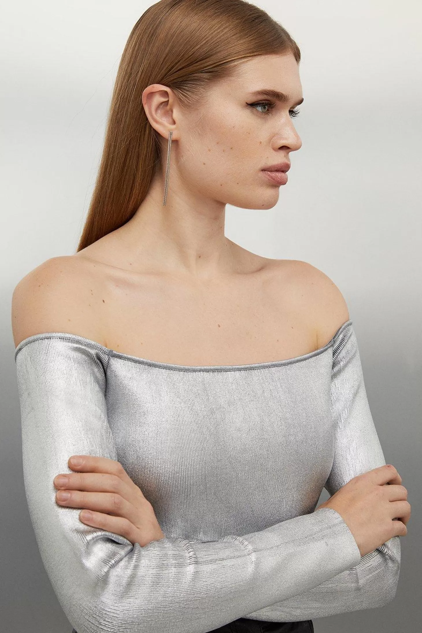Karen Millen Premium Viscose Blend Body Contouring Foiled Knit Off The Shoulder Thong Bodysuit