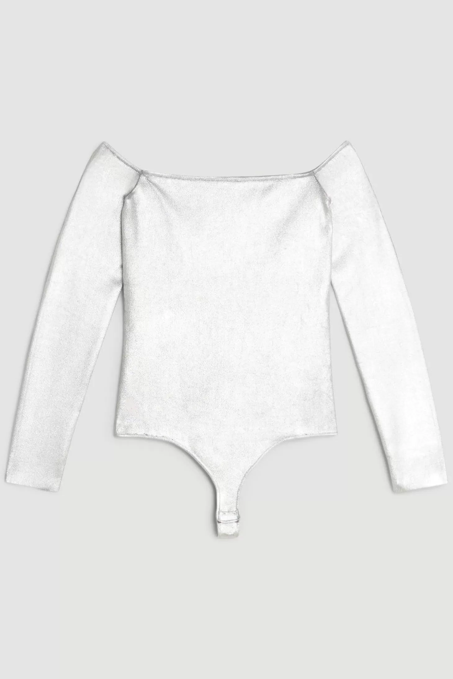 Karen Millen Premium Viscose Blend Body Contouring Foiled Knit Off The Shoulder Thong Bodysuit