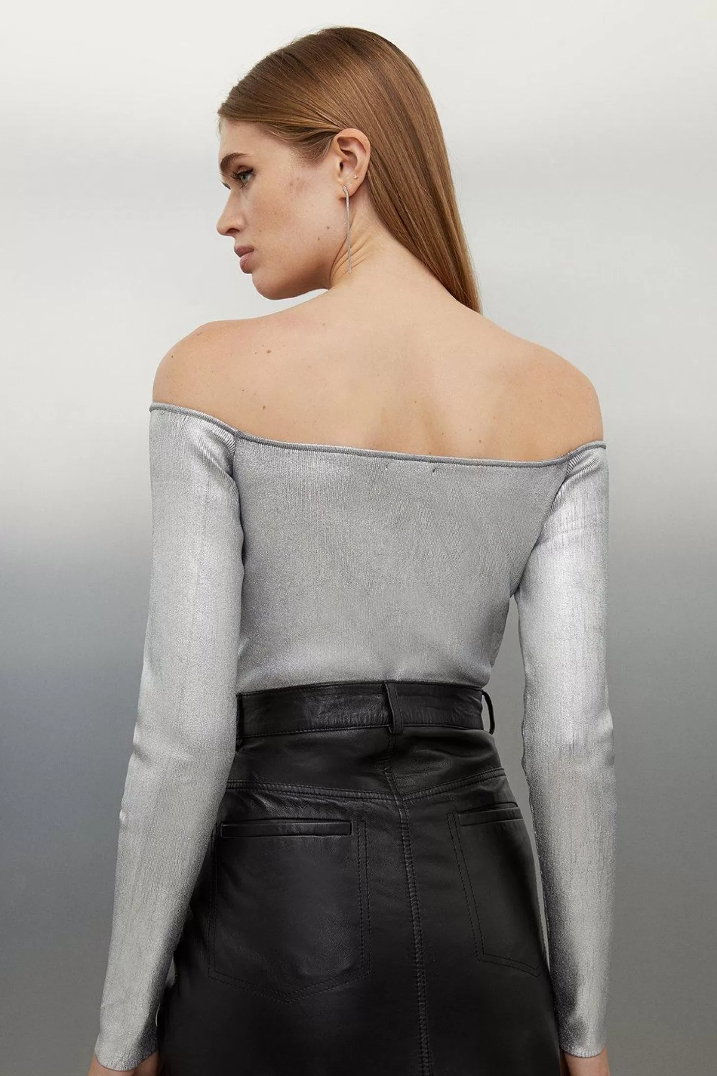 Karen Millen Premium Viscose Blend Body Contouring Foiled Knit Off The Shoulder Thong Bodysuit