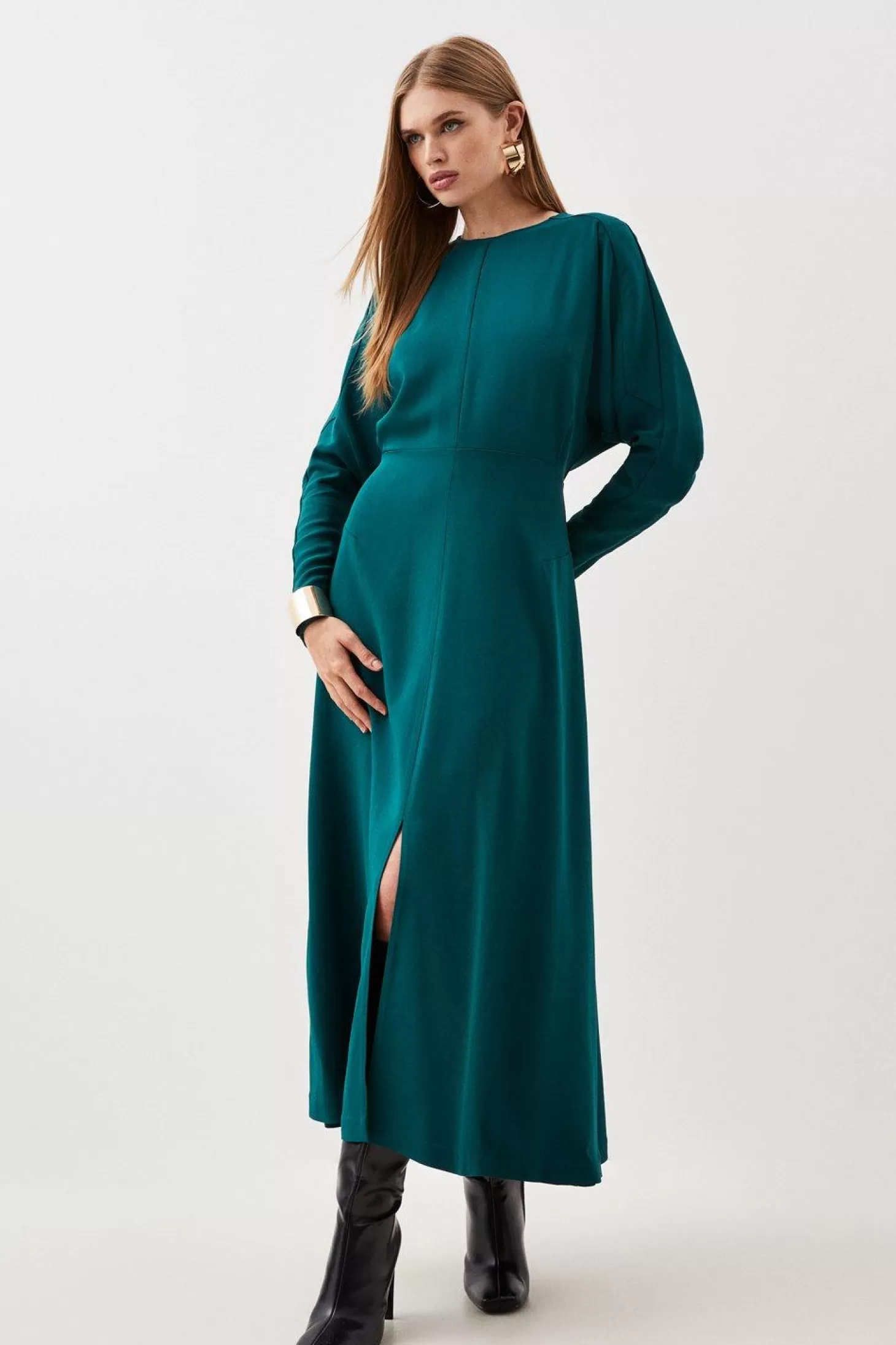 Karen Millen Premium Woven Viscose Crepe Long Sleeve Midi Dress