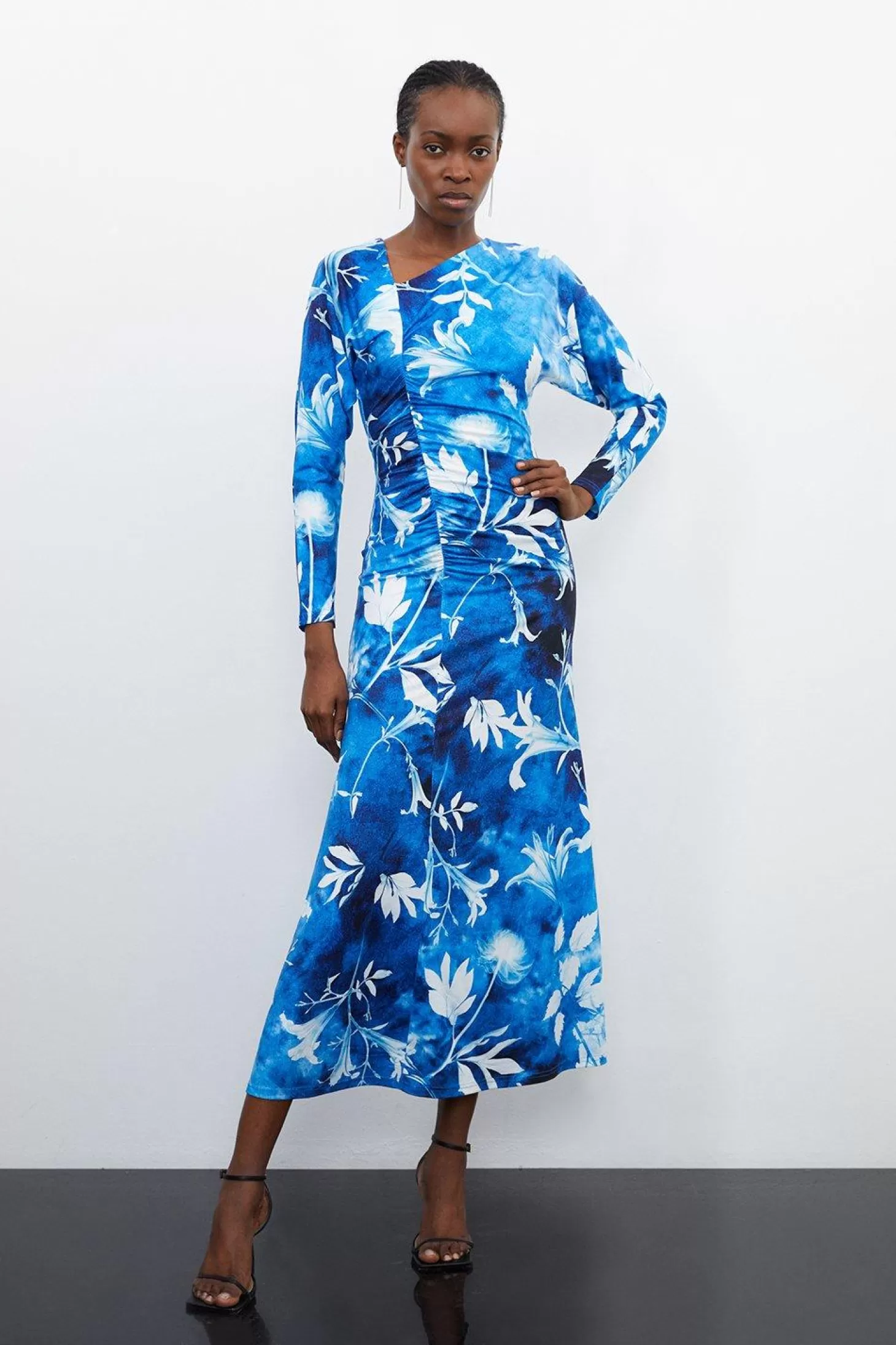 Karen Millen Pressed Floral Print Asymmetric Jersey Crepe Maxi Dress