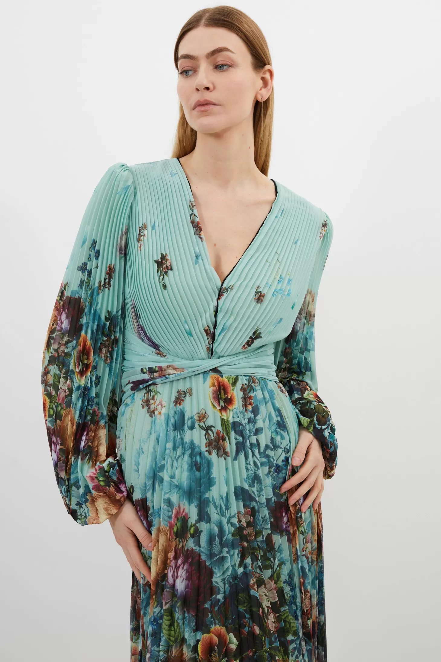 Karen Millen Printed Pleated Yoryu Crinkle Cut Out Woven Maxi Dress