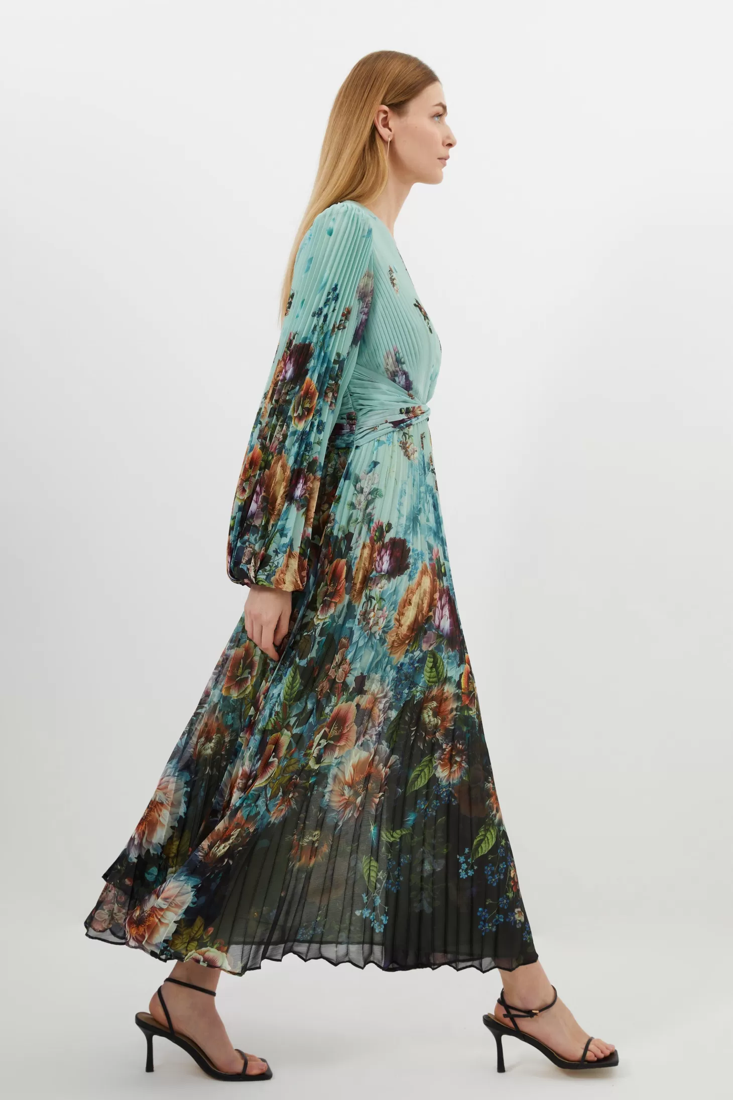 Karen Millen Printed Pleated Yoryu Crinkle Cut Out Woven Maxi Dress