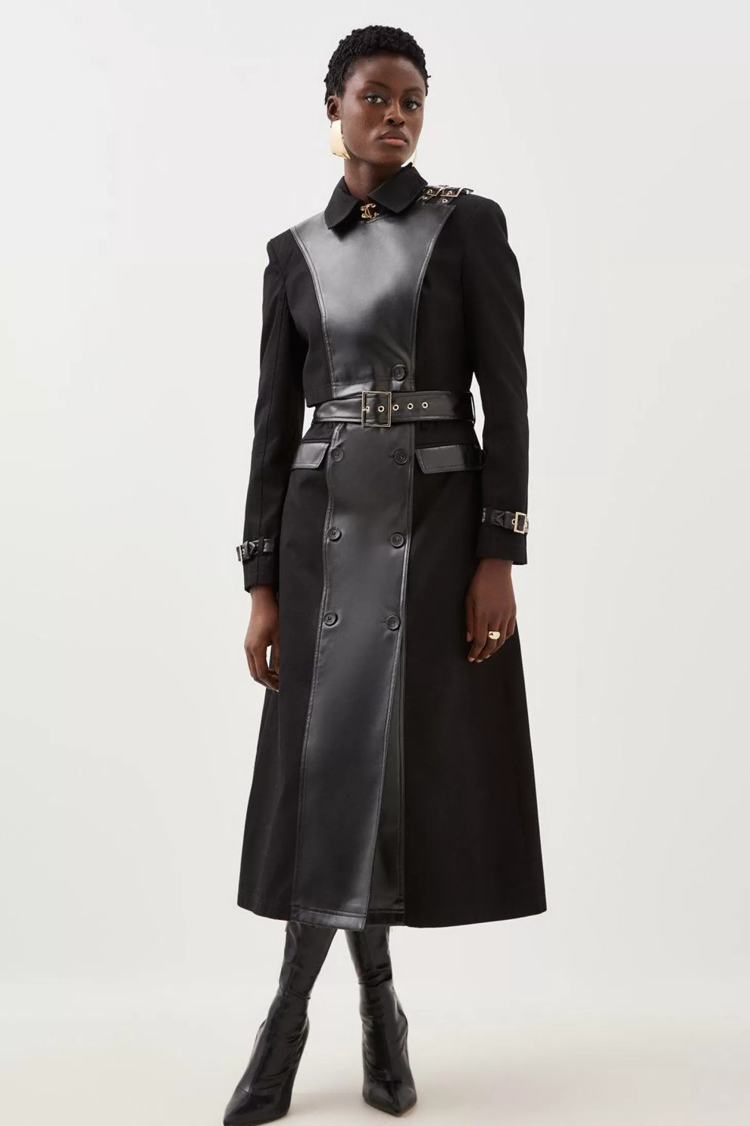 Karen Millen Pu Detail Belted Cotton Maxi Trench Coat