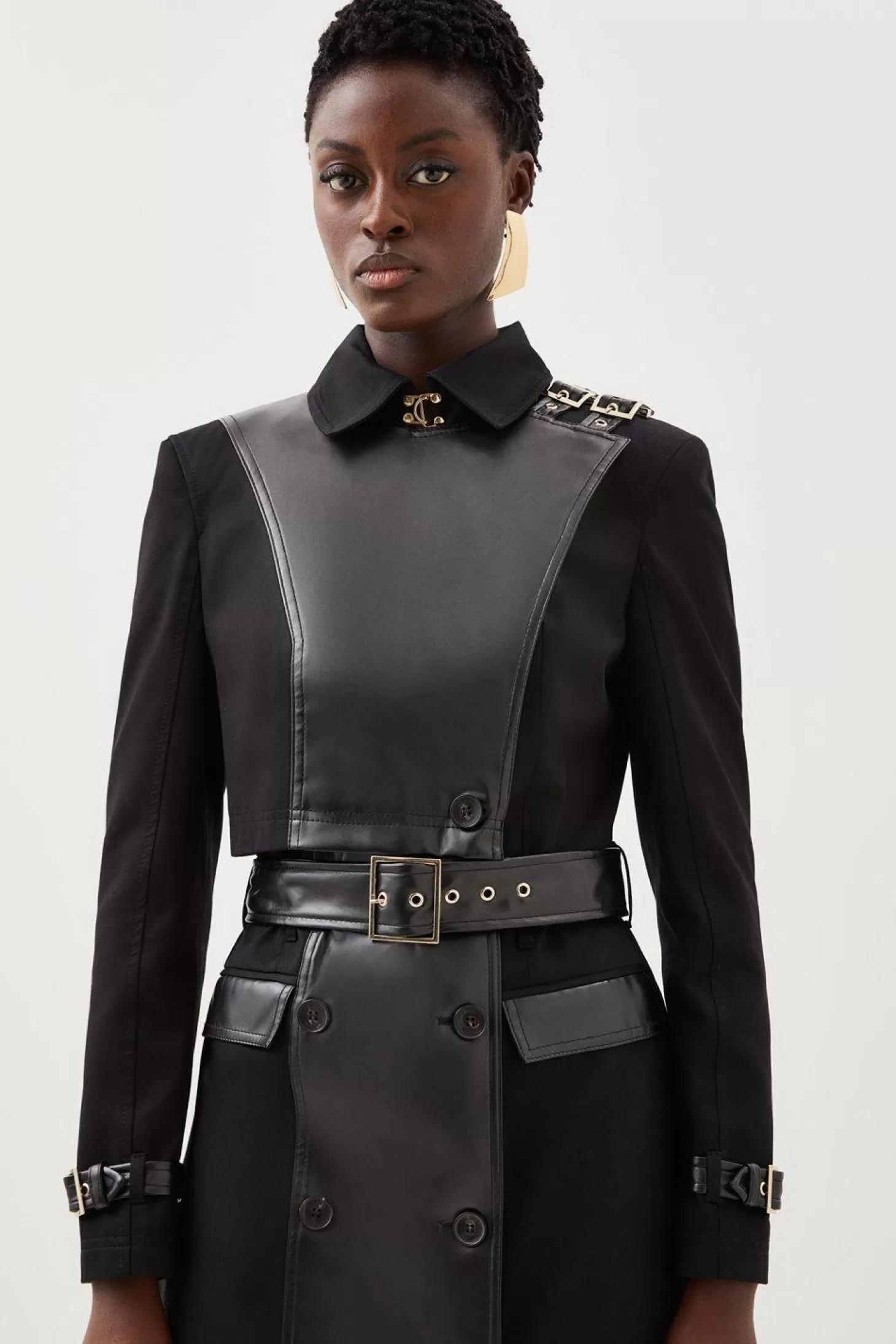 Karen Millen Pu Detail Belted Cotton Maxi Trench Coat