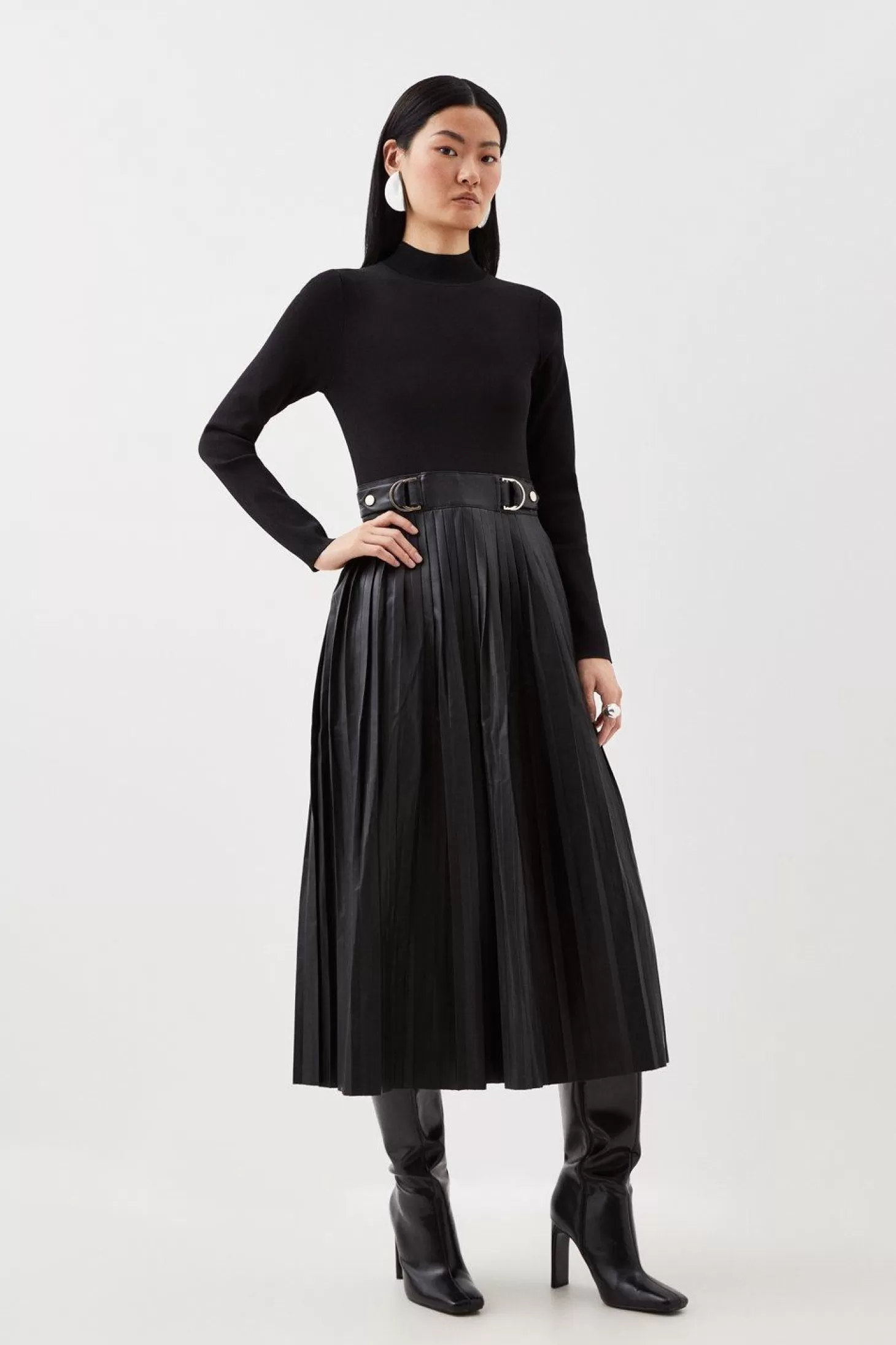 Karen Millen Pu Knit Pleated Skirt Midi Dress