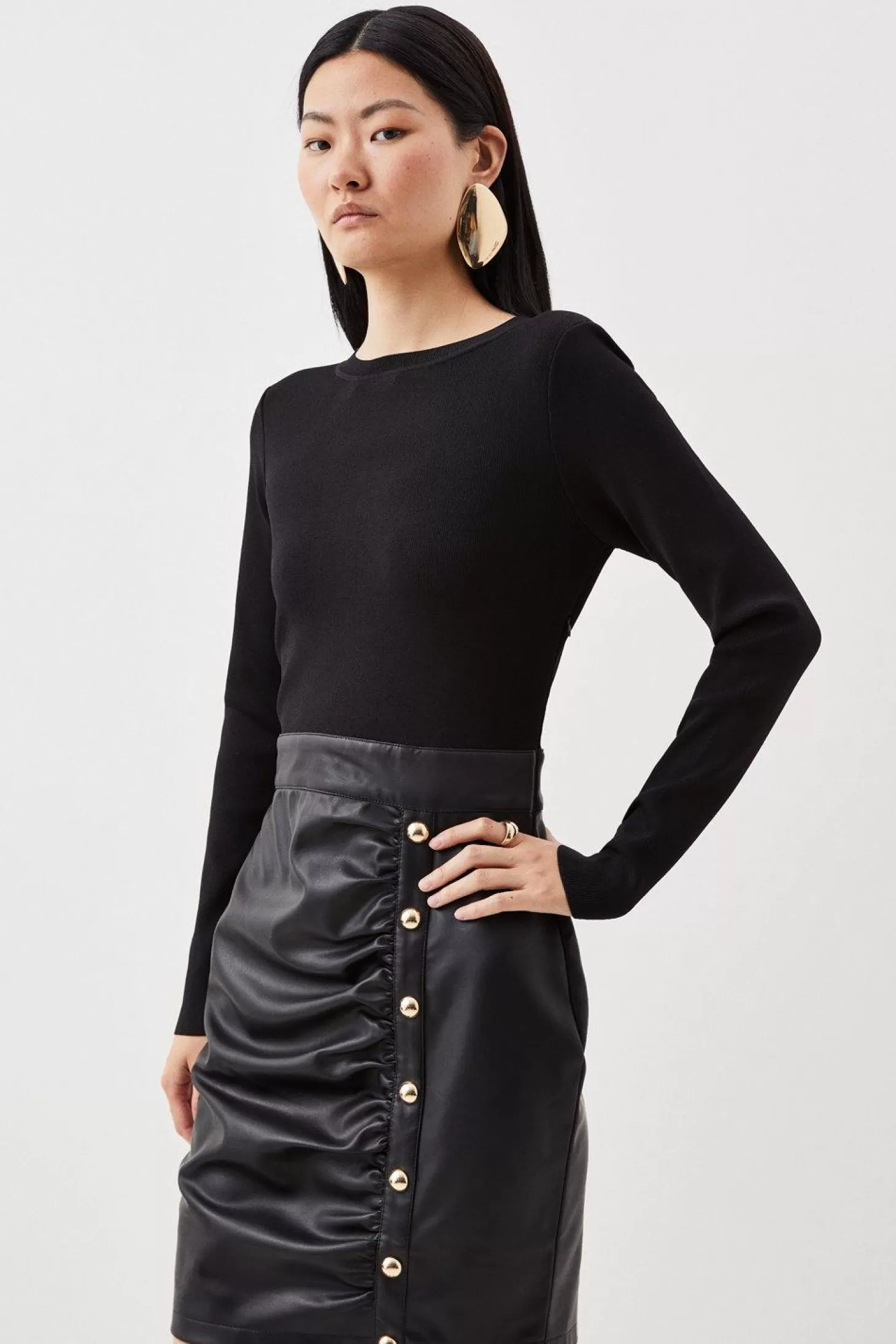 Karen Millen Pu Knit Ruched Skirt Midi Dress