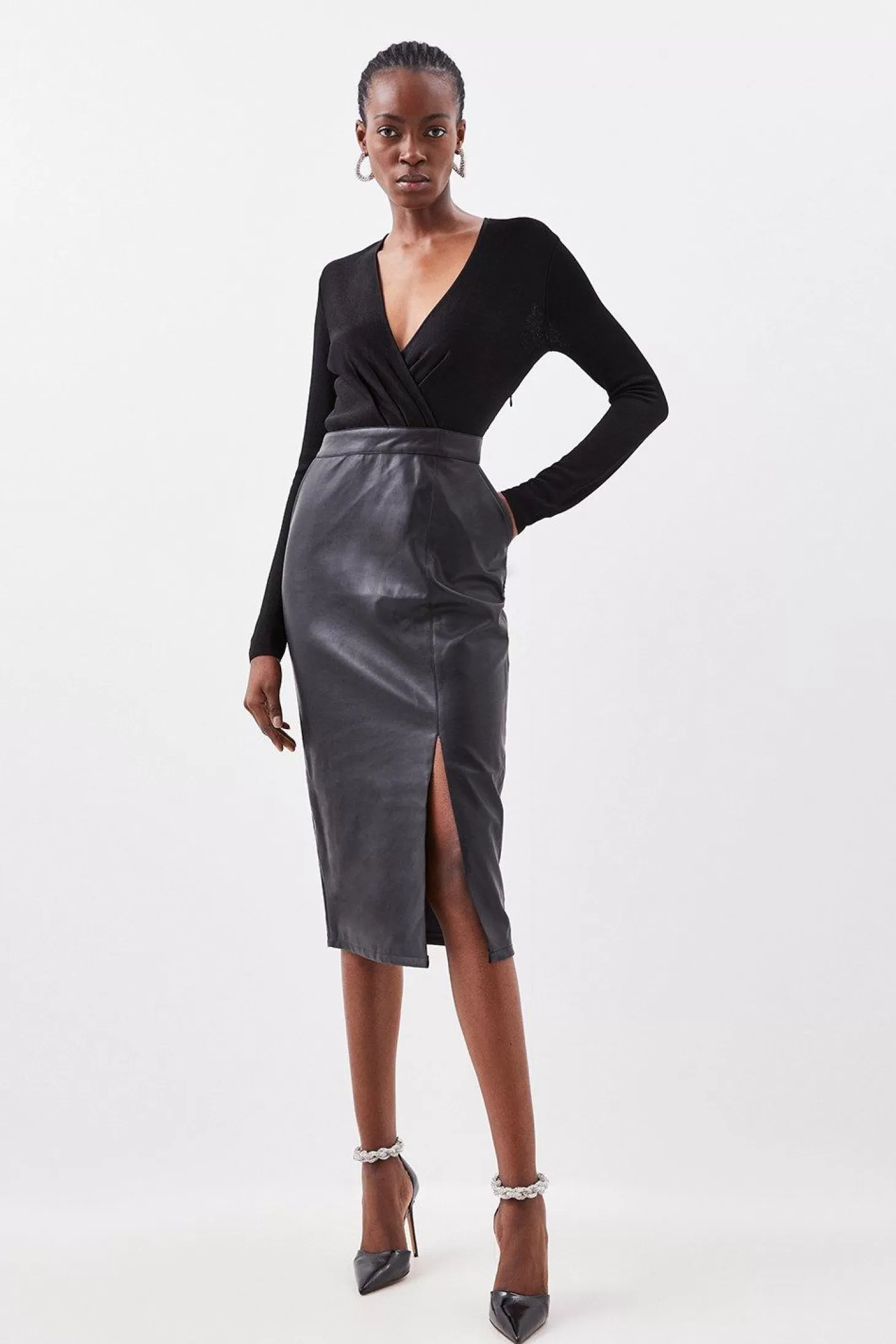 Karen Millen Pu Skirt Sheer Knit Midi Dress