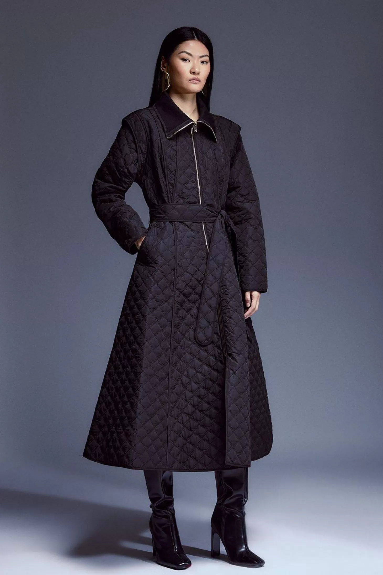 Karen Millen Quilted Full Skirted Belted Midi Coat