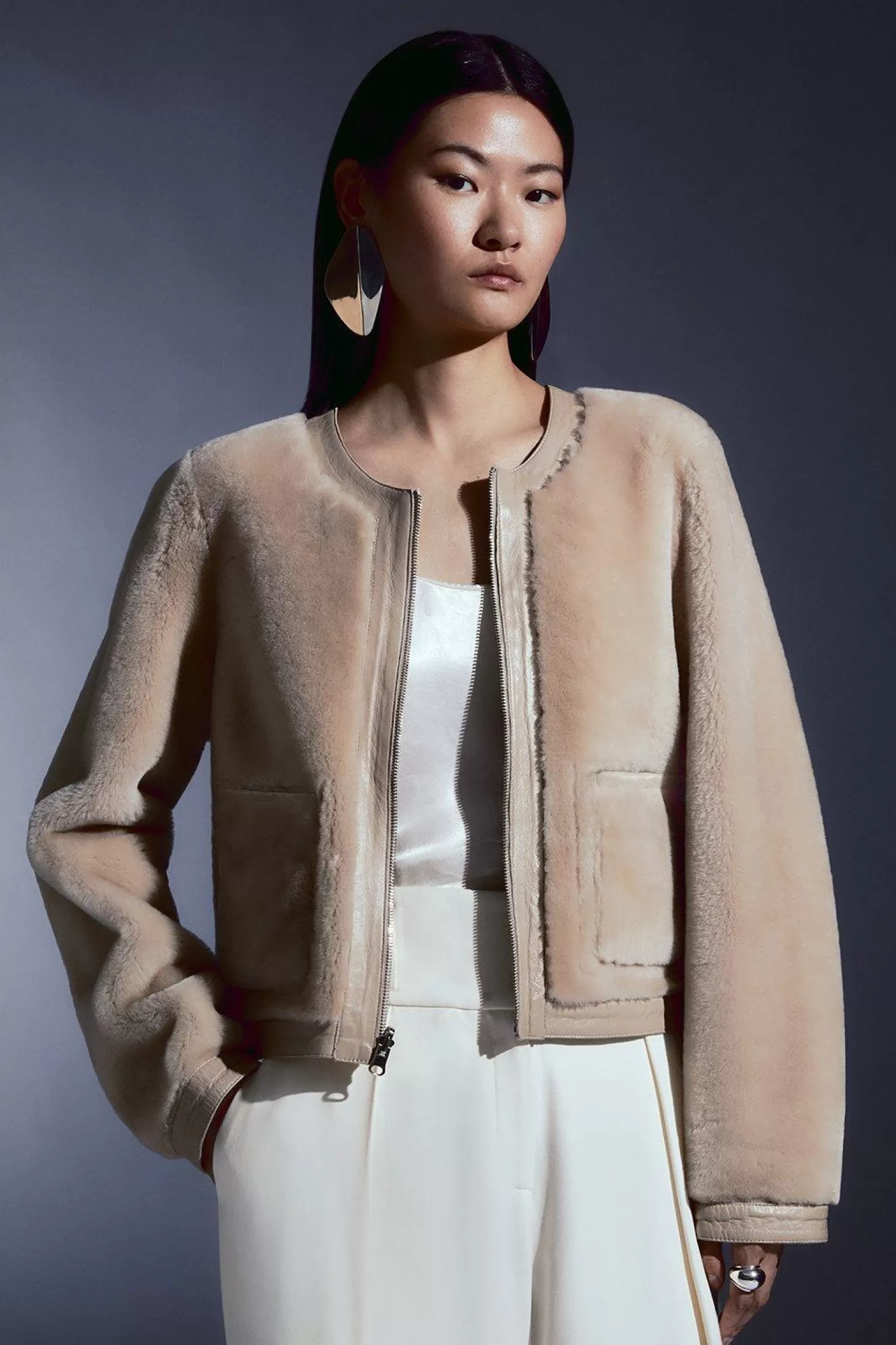 Karen Millen Reversible Shearling Collarless Jacket