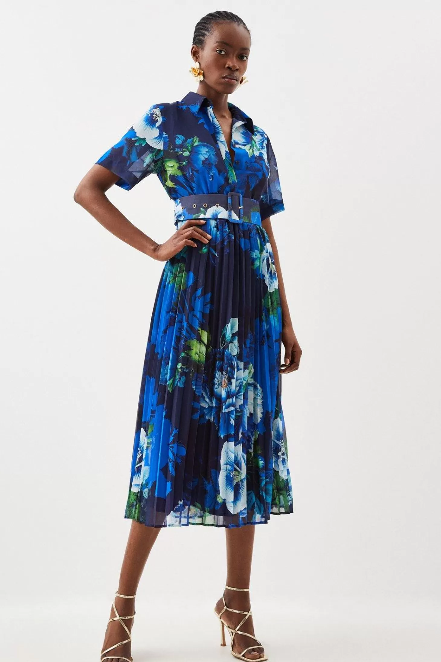 Karen Millen Rose Print Pleated Woven Shirt Midi Dress