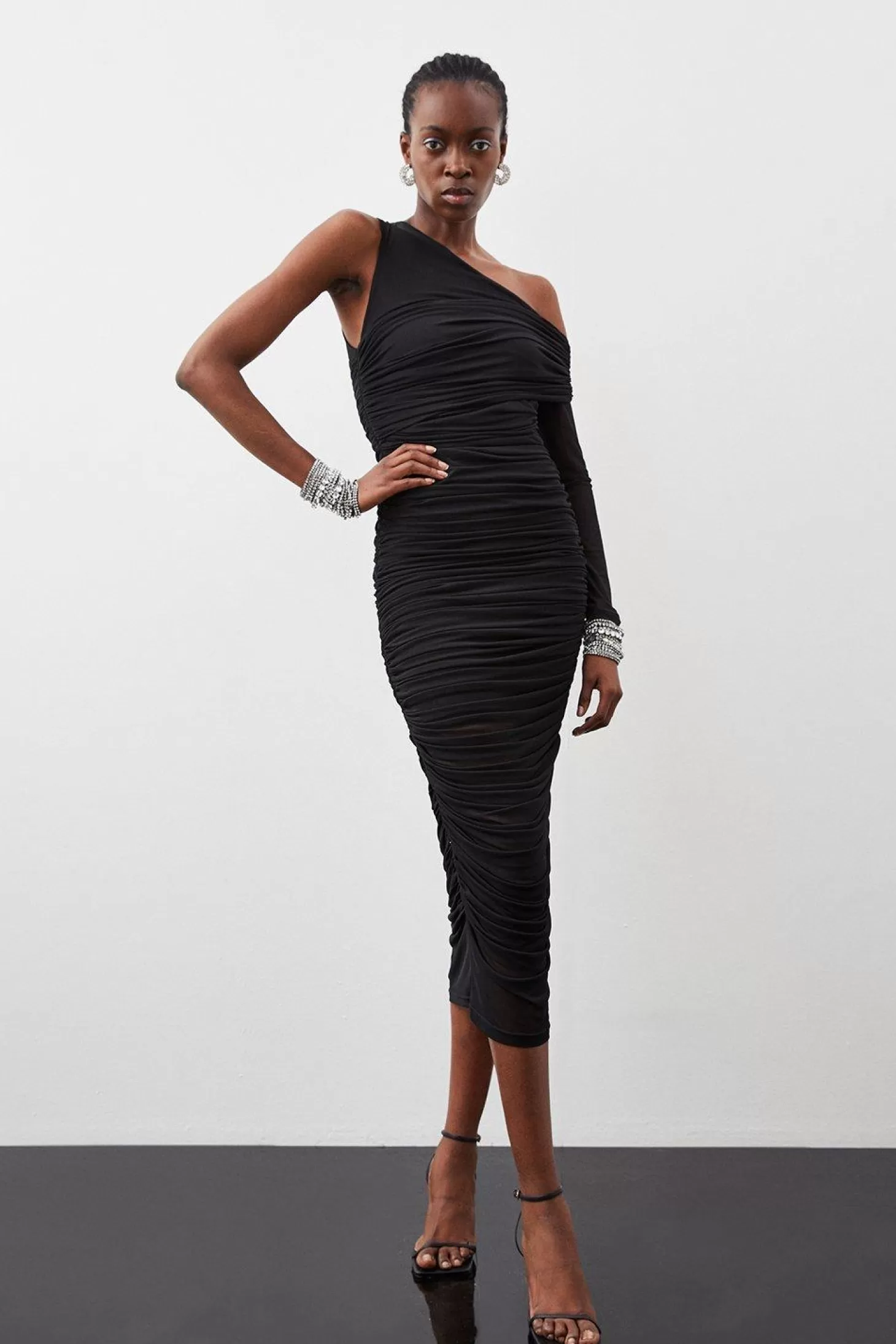 Karen Millen Ruched Mesh Asymetric Jersey Maxi Dress