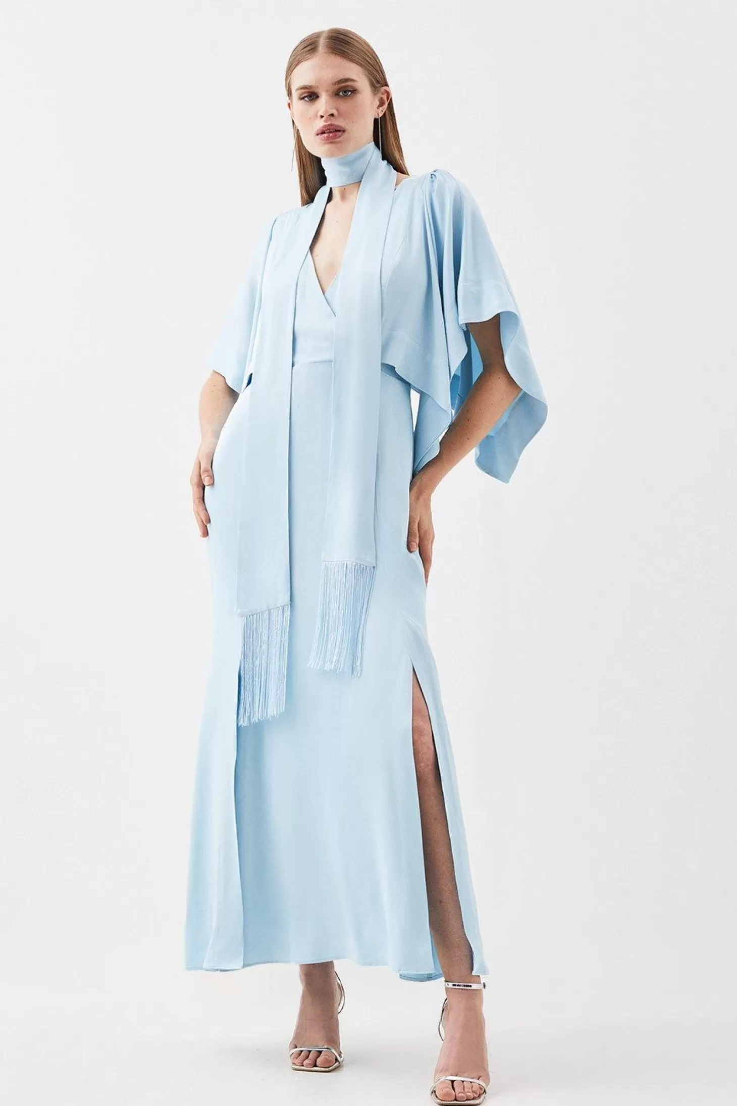 Karen Millen Satin Crepe Tie Neck Woven Maxi Dress