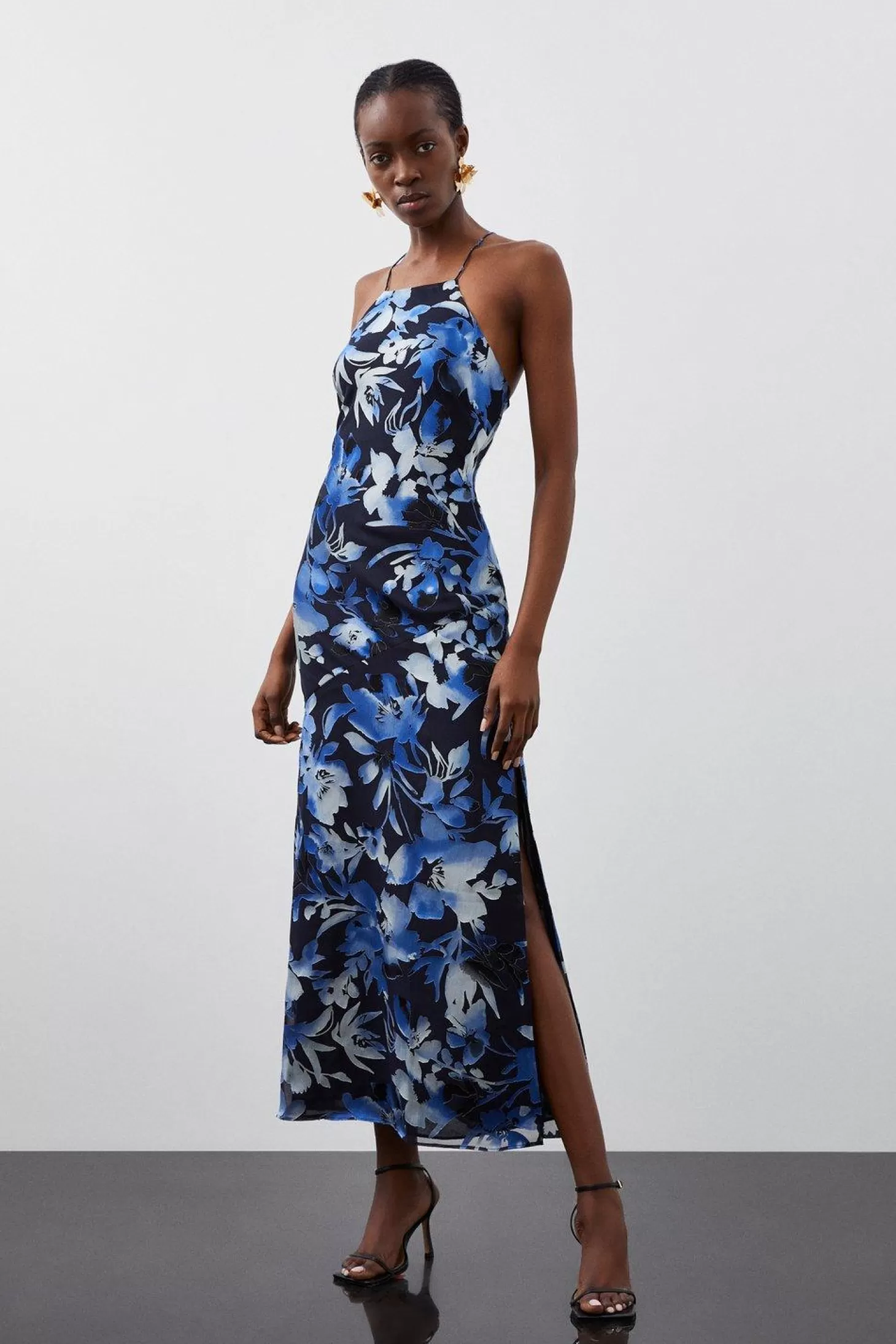 Karen Millen Satin Floral Devore Woven Strappy Maxi Dress