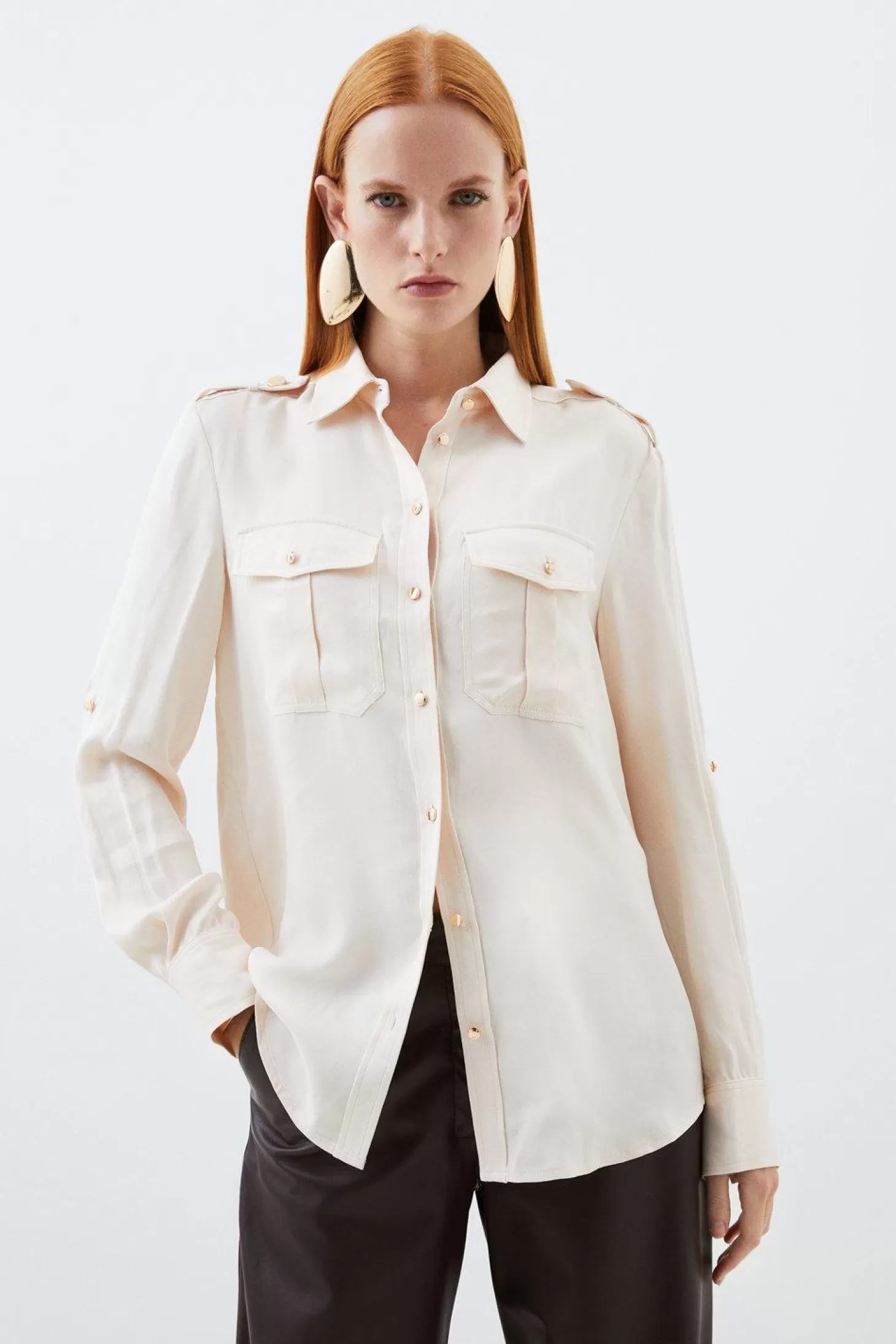 Karen Millen Satin Long Sleeve Pocket Detail Woven Shirt