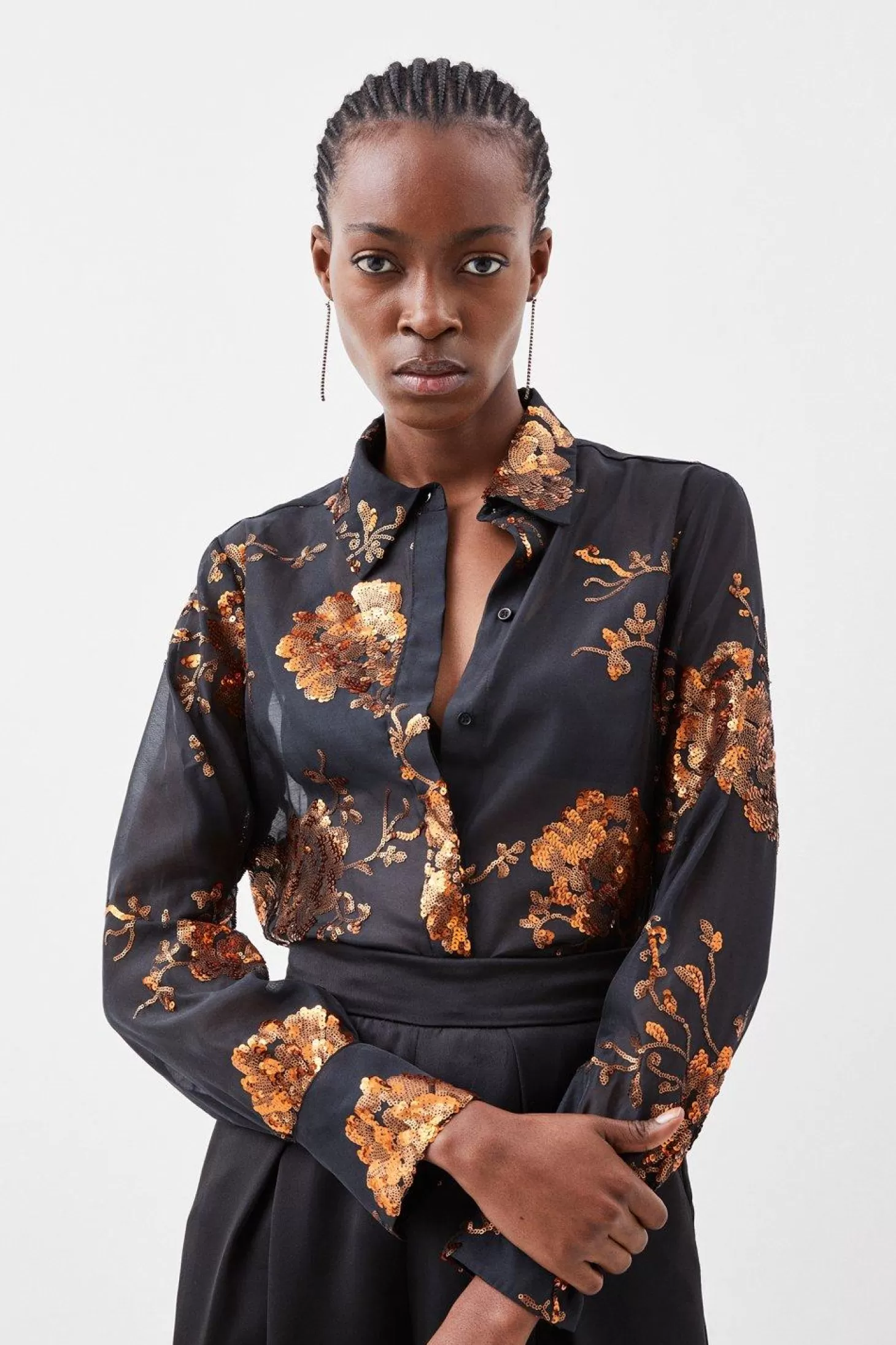 Karen Millen Sequin Organza Rose Print Shirt