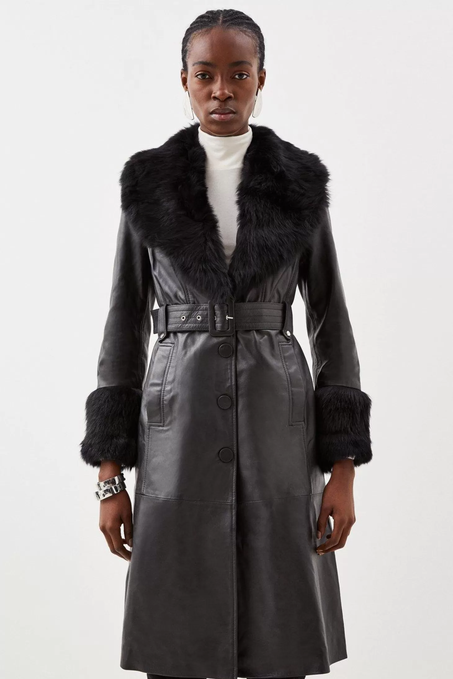 Karen Millen Shearling Cuff And Collar Leather Coat