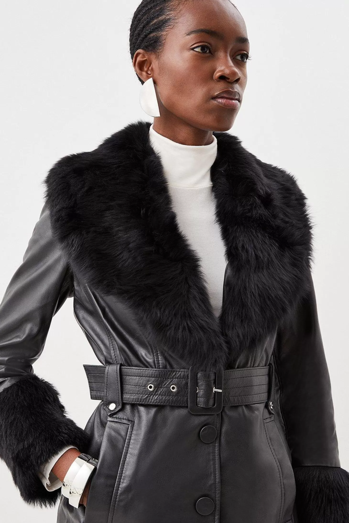 Karen Millen Shearling Cuff And Collar Leather Coat