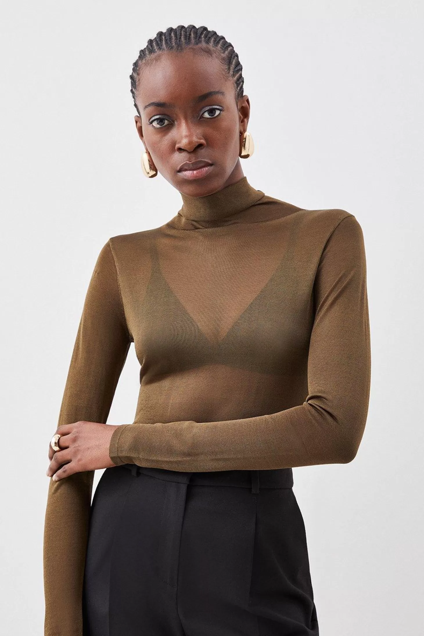 Karen Millen Sheer Knit Slinky Funnel Neck Top