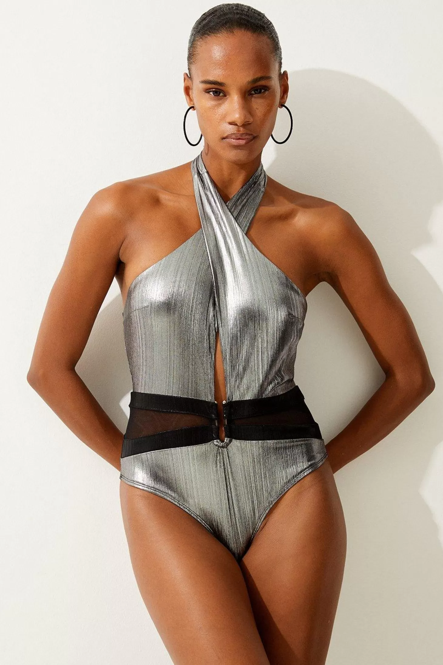 Karen Millen Silver Foiled Cross Neck Swimsuit