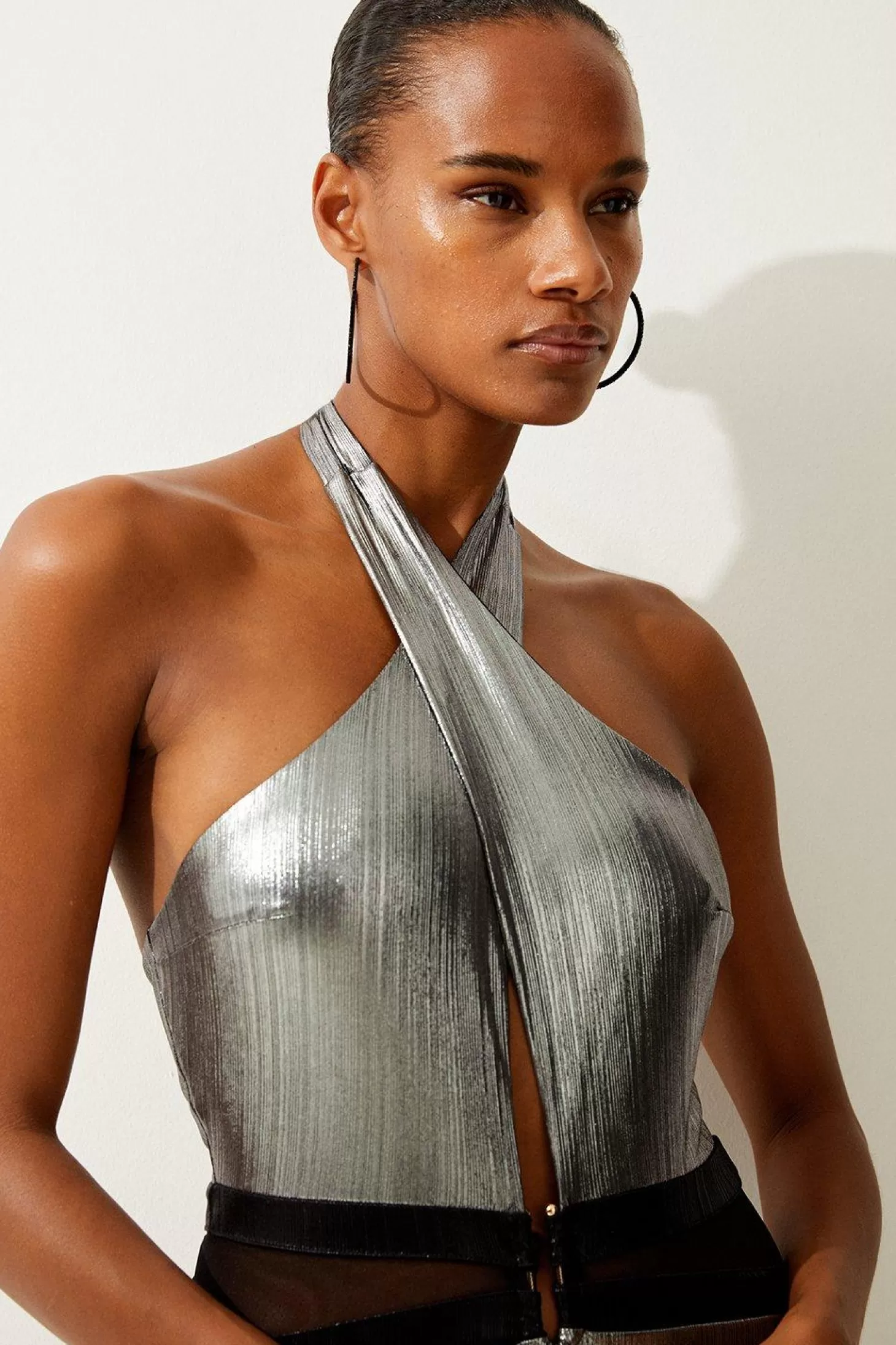 Karen Millen Silver Foiled Cross Neck Swimsuit