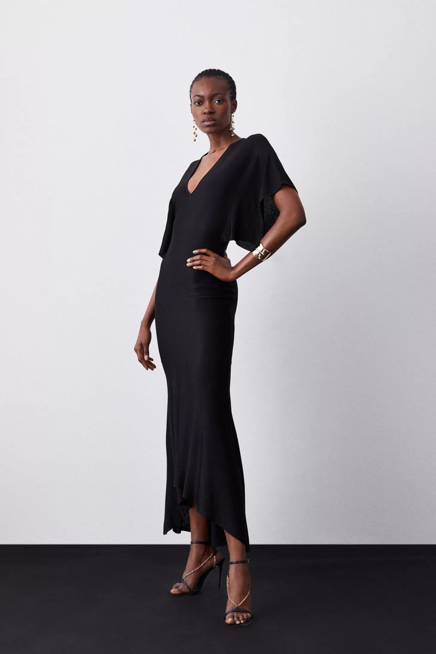 Karen Millen Slinky Knit Kimono Sleeve V Neck High Low Midaxi Dress
