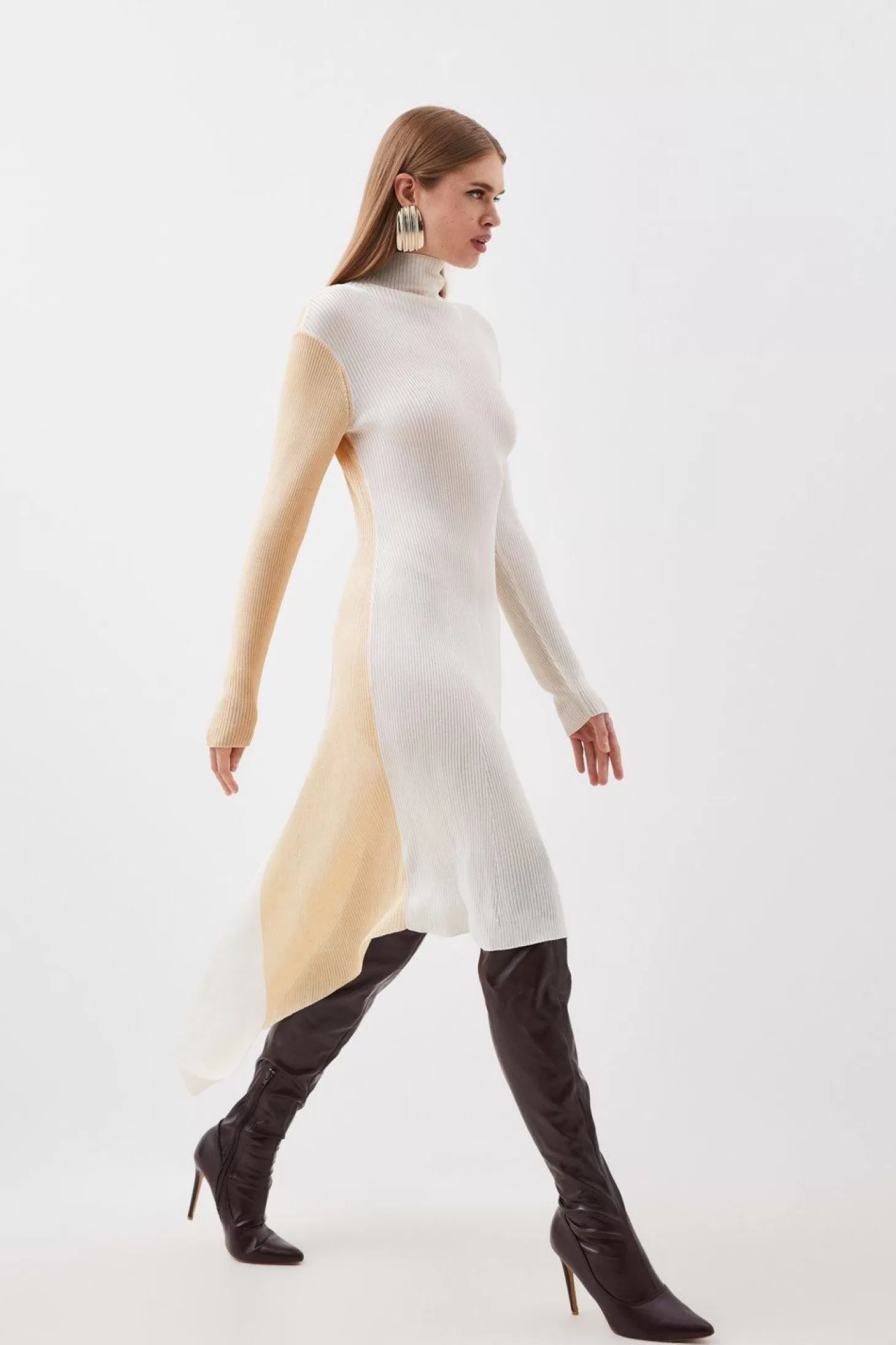 Karen Millen Slinky Viscose Color Block Mix Stitch Knit Maxi Dress