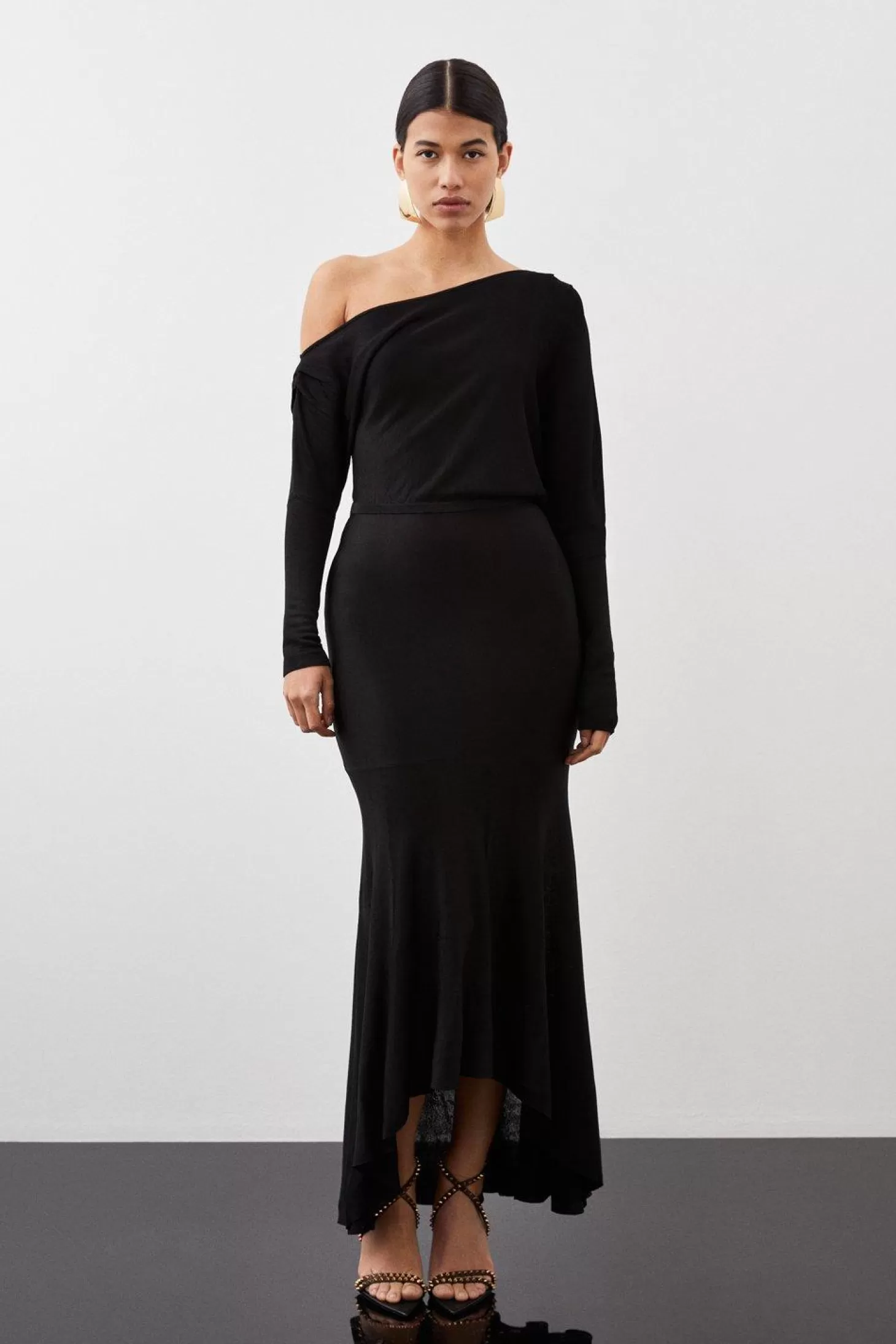 Karen Millen Slinky Viscose Knit Off The Shoulder High Low Midaxi Dress