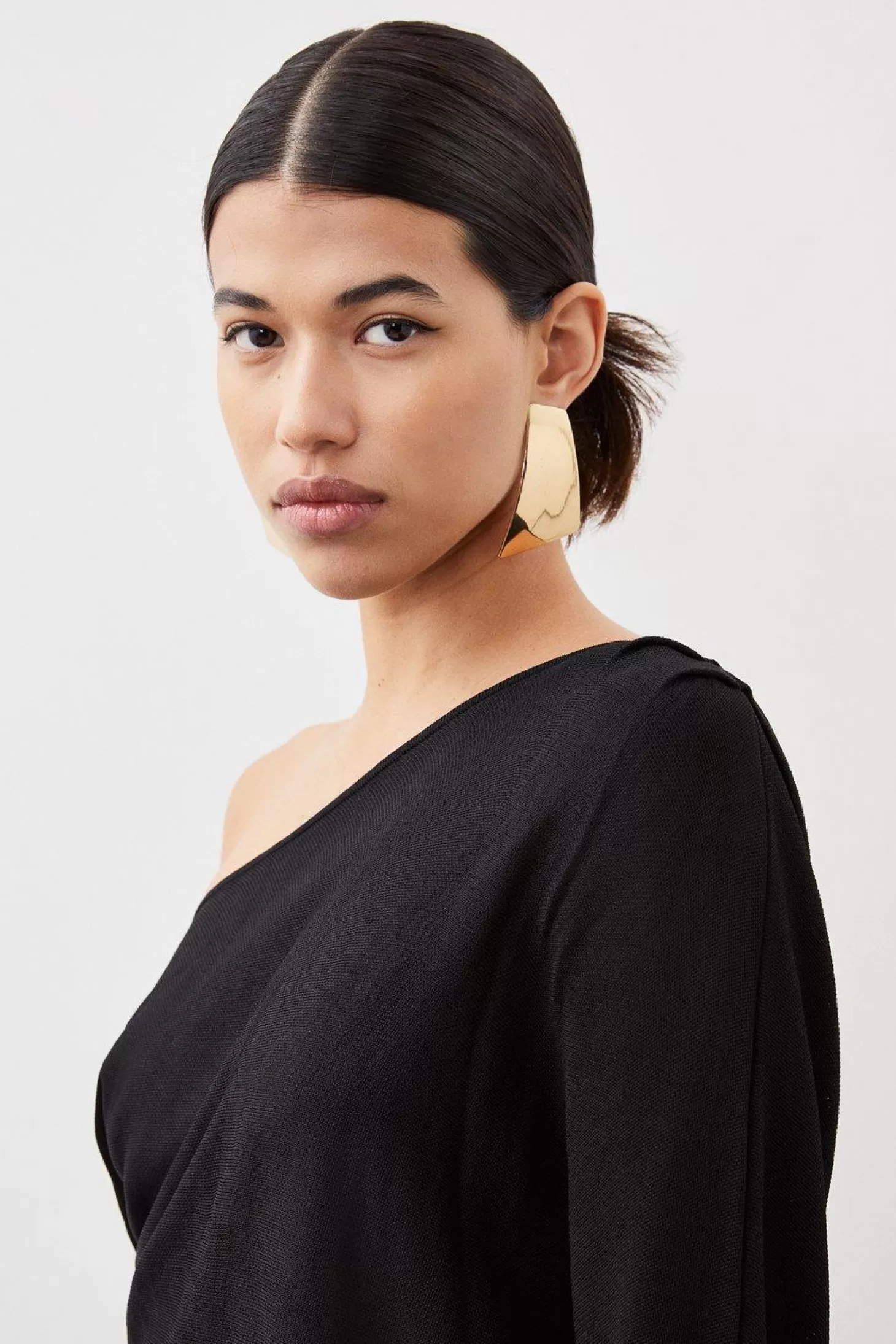 Karen Millen Slinky Viscose Knit Off The Shoulder High Low Midaxi Dress