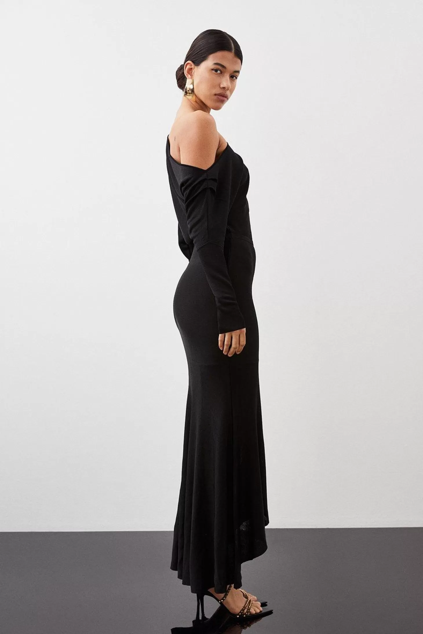 Karen Millen Slinky Viscose Knit Off The Shoulder High Low Midaxi Dress