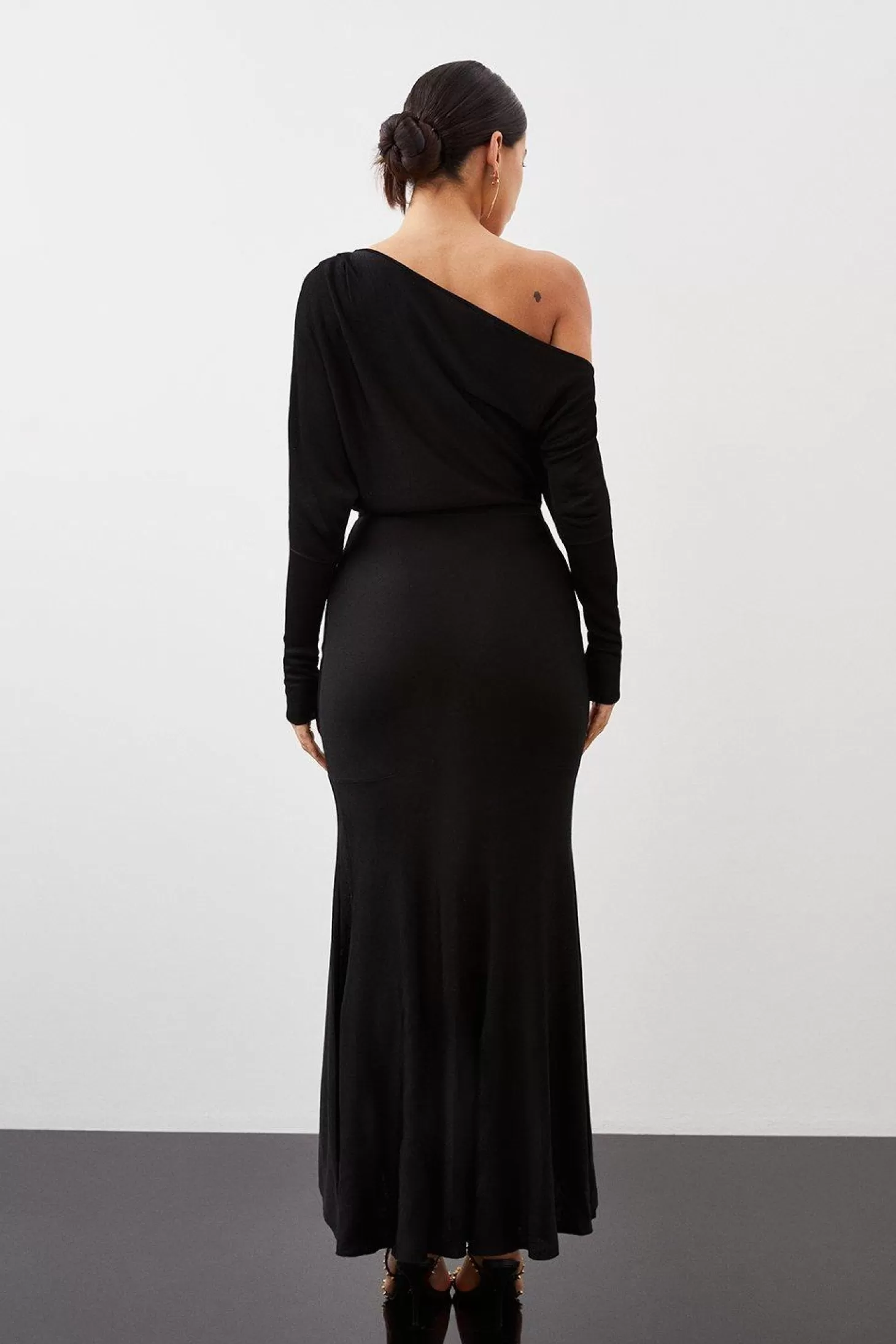 Karen Millen Slinky Viscose Knit Off The Shoulder High Low Midaxi Dress
