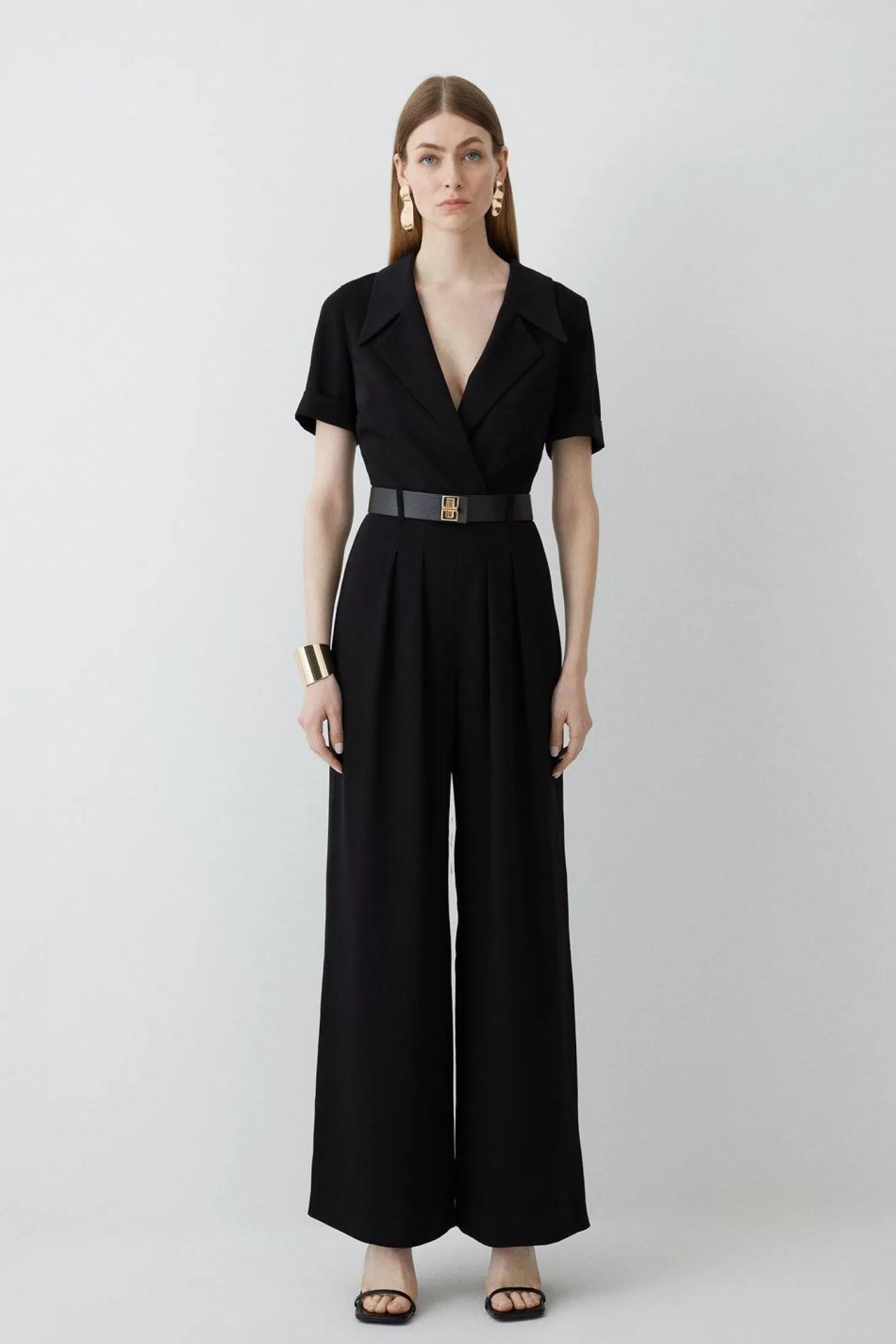 Karen Millen Soft Tailored Belted Pleat Wide Leg Jumpsuit