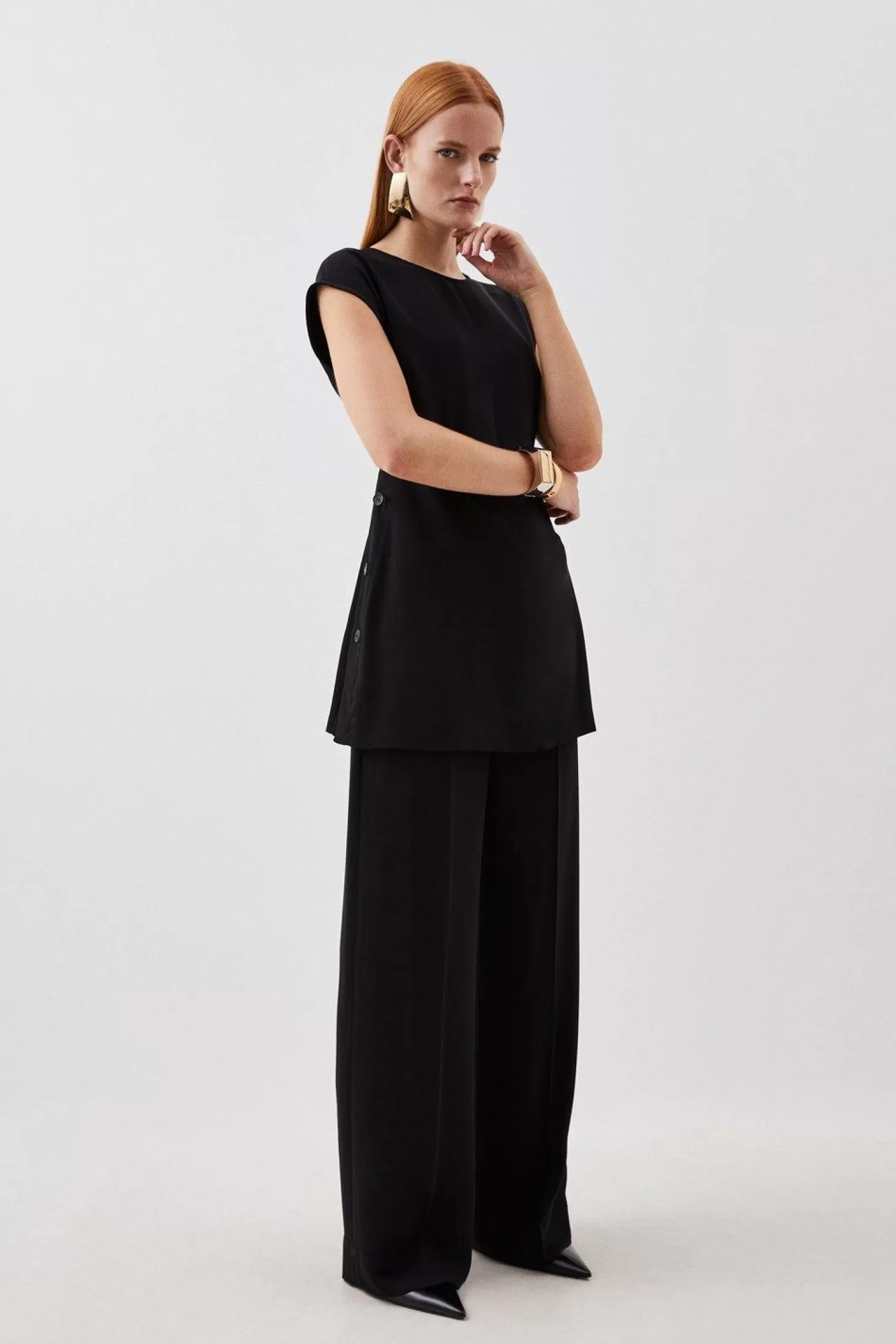 Karen Millen Soft Tailored Button Detailed High Waisted Pants