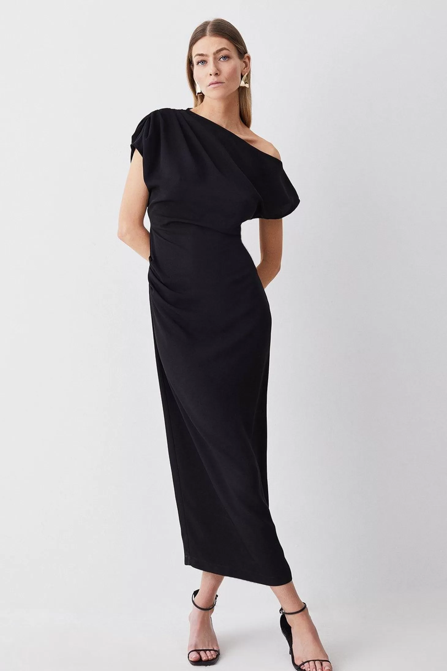 Karen Millen Soft Tailored Drop Shoulder Ruched Pencil Midi Dress