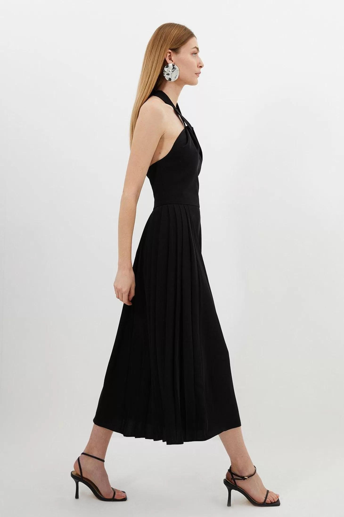 Karen Millen Soft Tailored Halter Tie Neck Pleat Detail Midi Dress