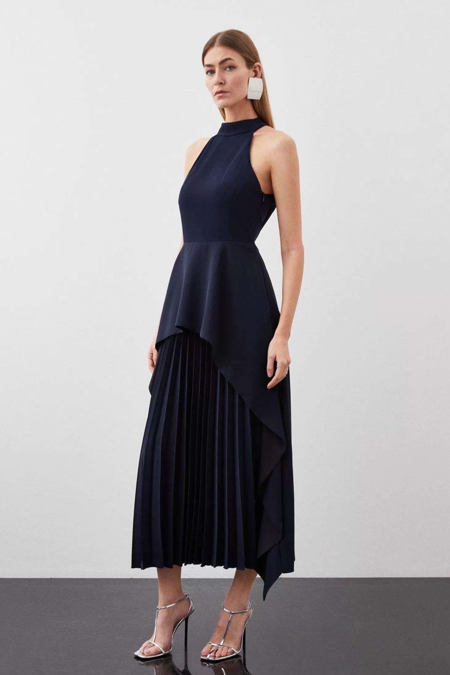 Karen Millen Soft Tailored Waterfall Hem High Neck Midi Dress