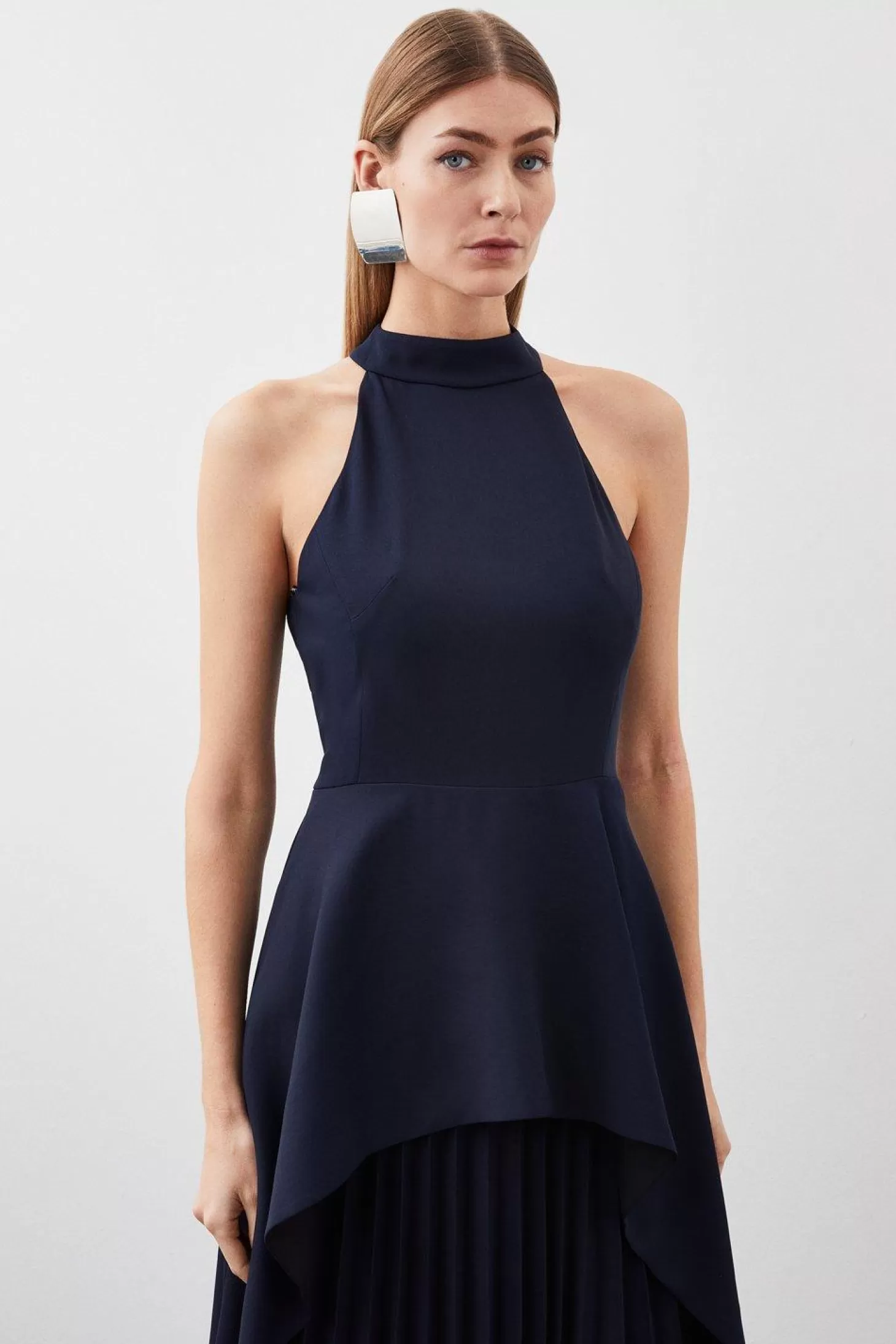 Karen Millen Soft Tailored Waterfall Hem High Neck Midi Dress