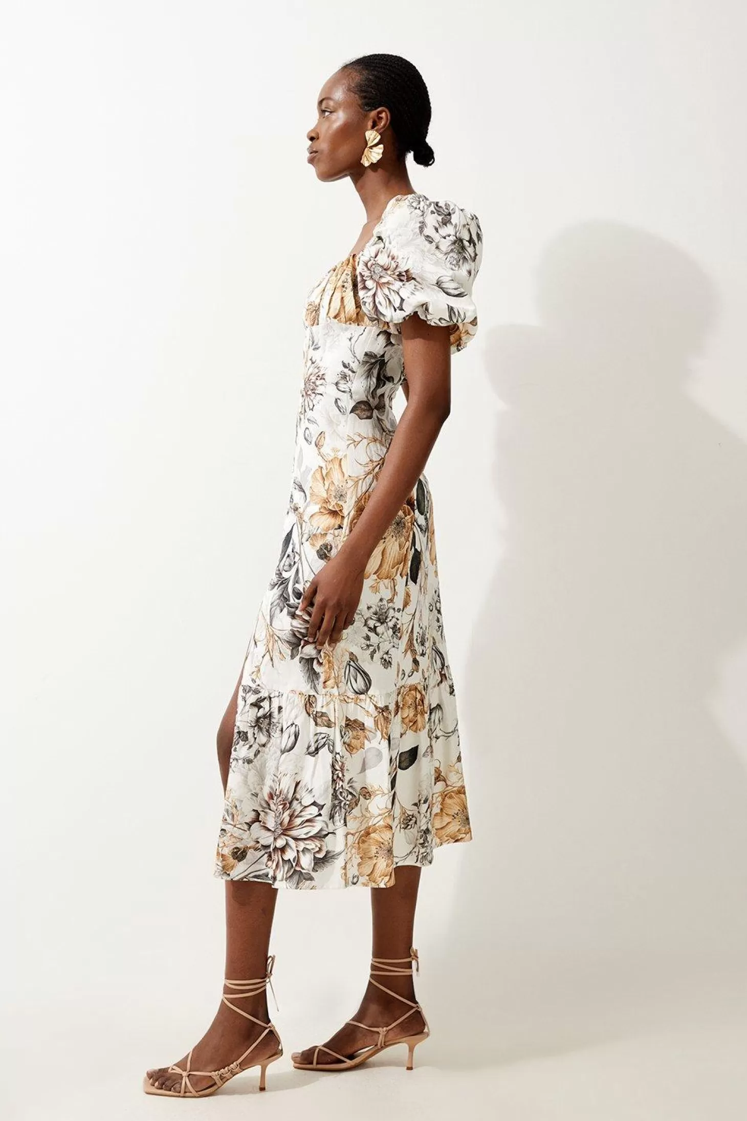 Karen Millen Spring Viscose Linen Woven Puff Sleeve Midi Dress