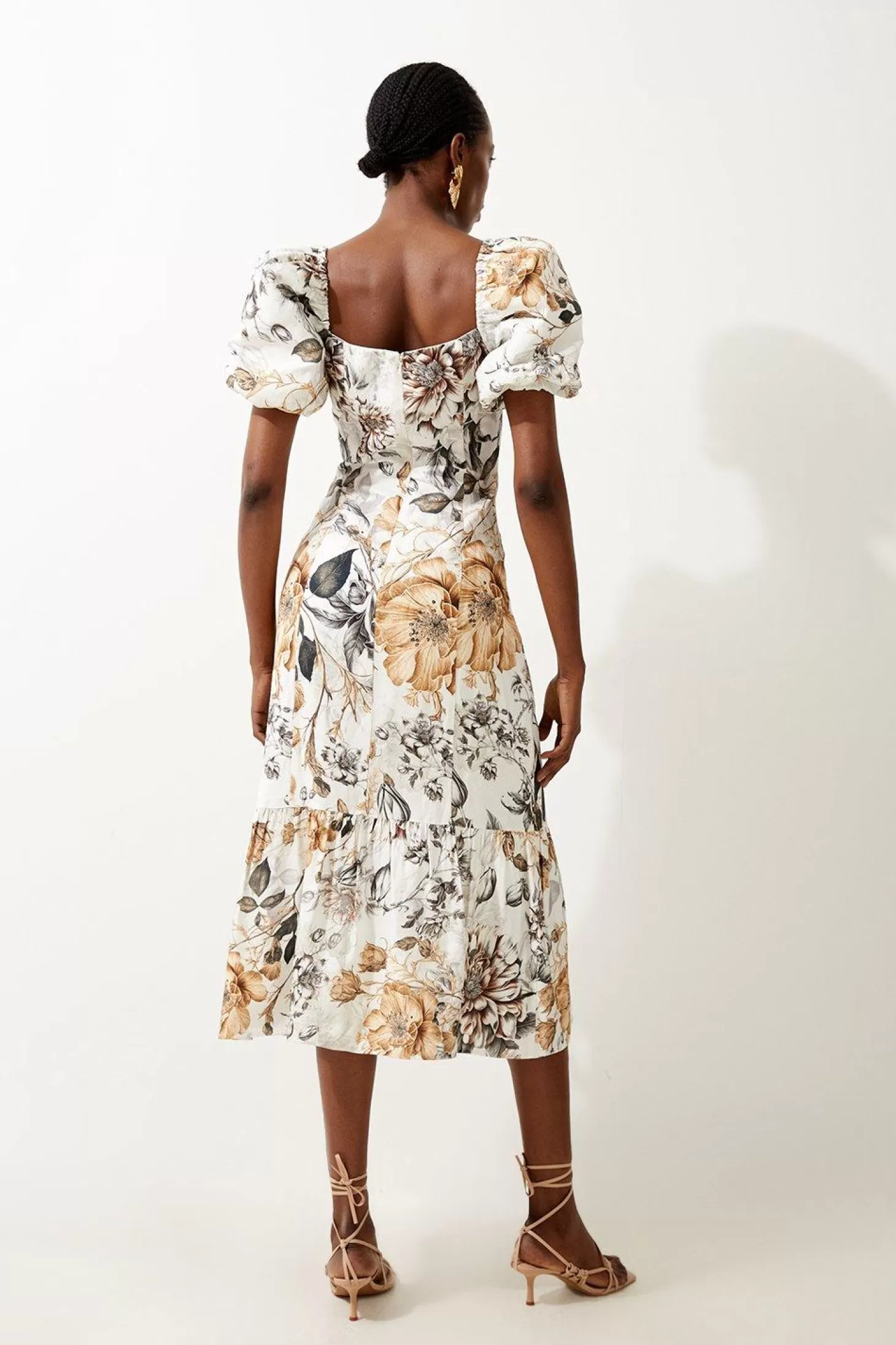 Karen Millen Spring Viscose Linen Woven Puff Sleeve Midi Dress