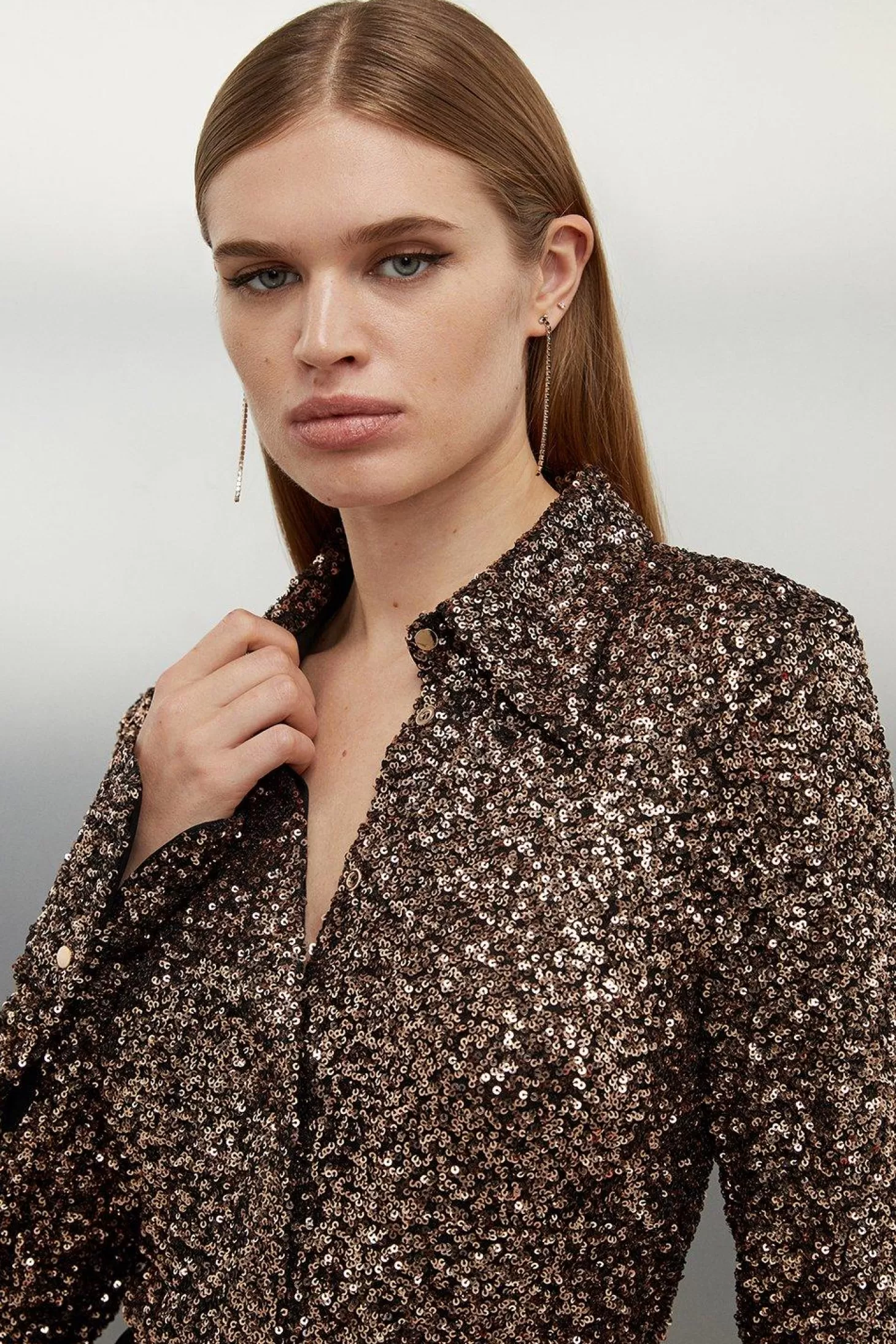 Karen Millen Stretch Sequin Collar Long Sleeve Shirt