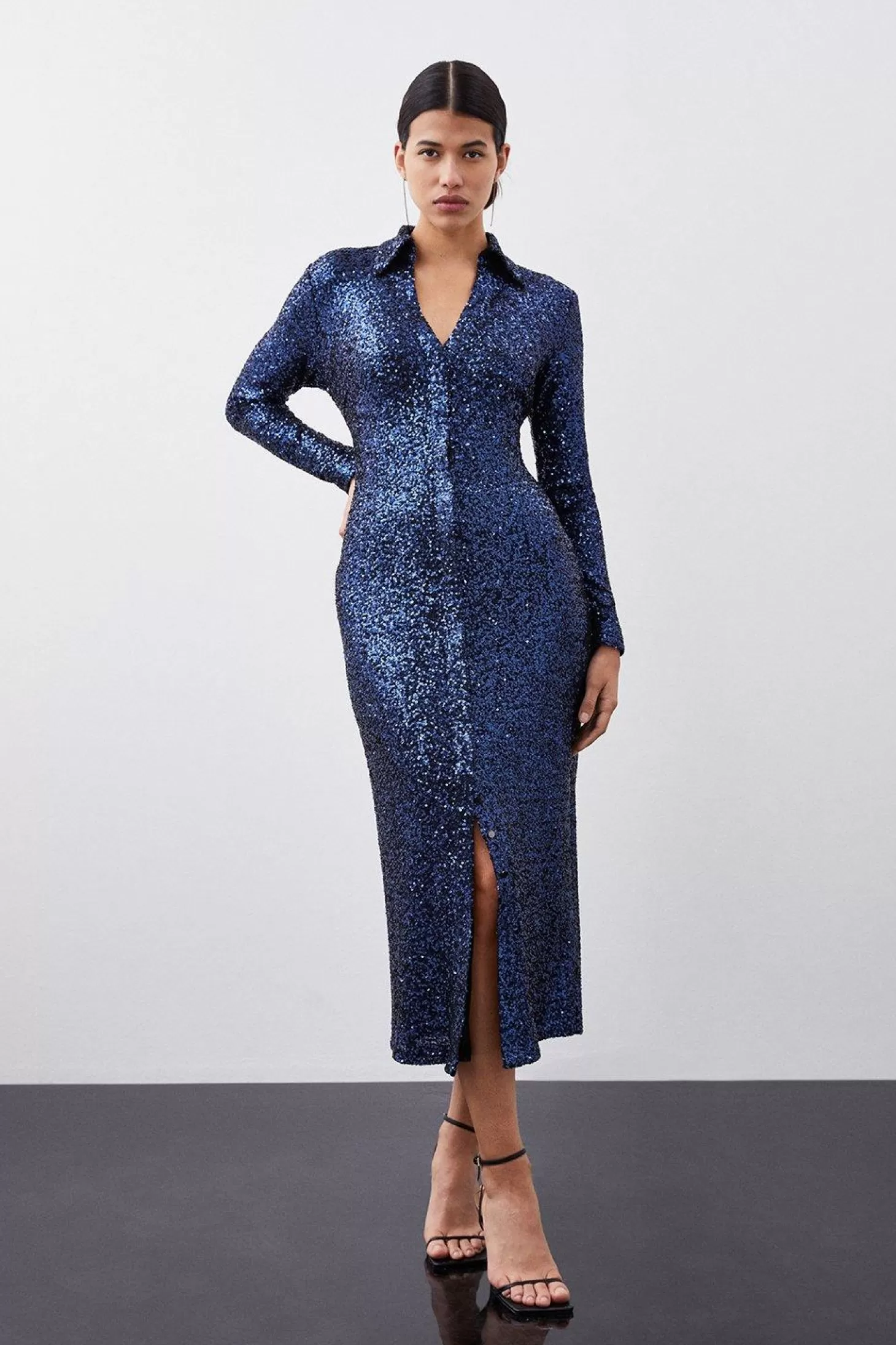 Karen Millen Stretch Sequin Collar Plunge Midaxi Dress