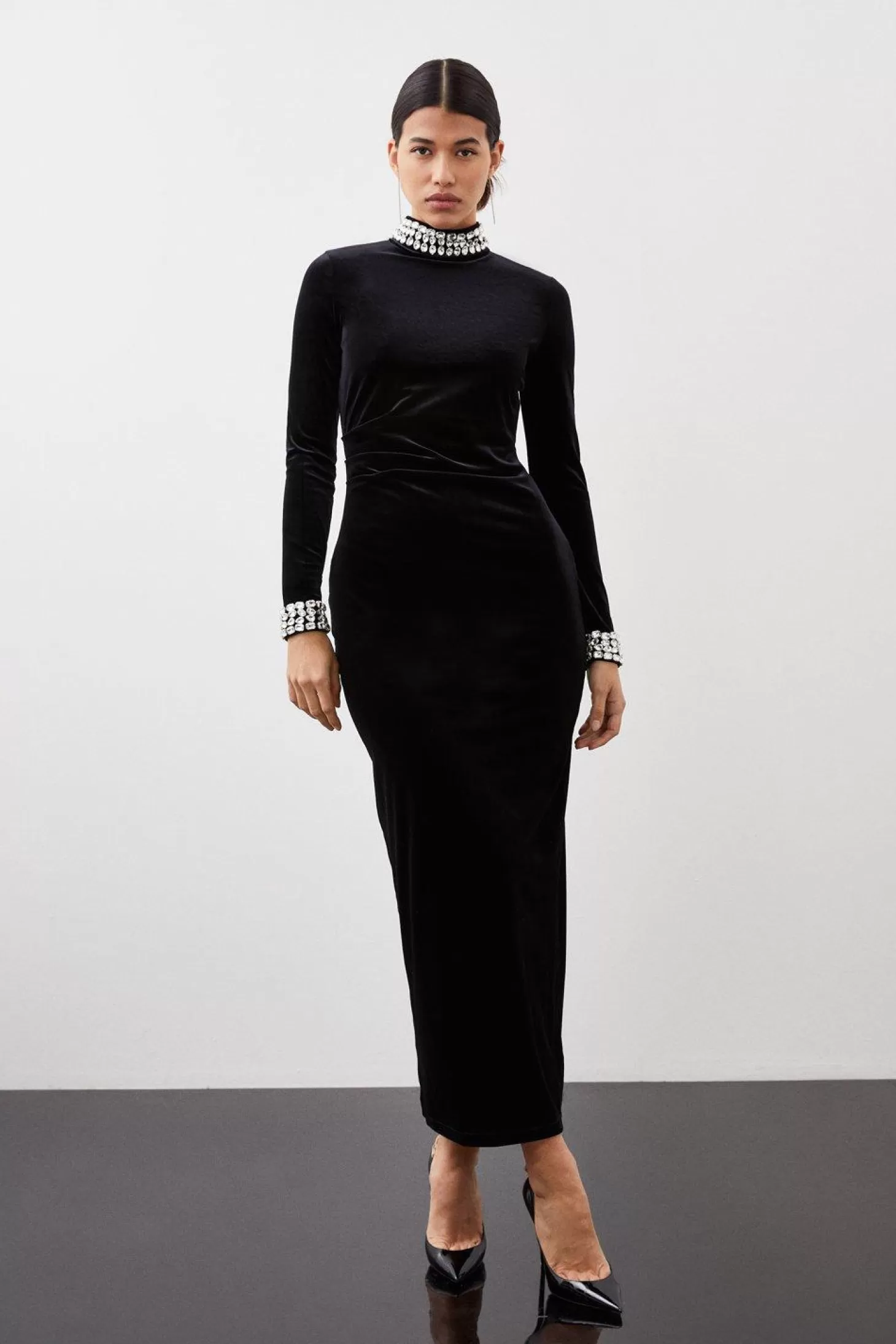 Karen Millen Stretch Velvet Crystal Embellished Long Sleeve Maxi Dress