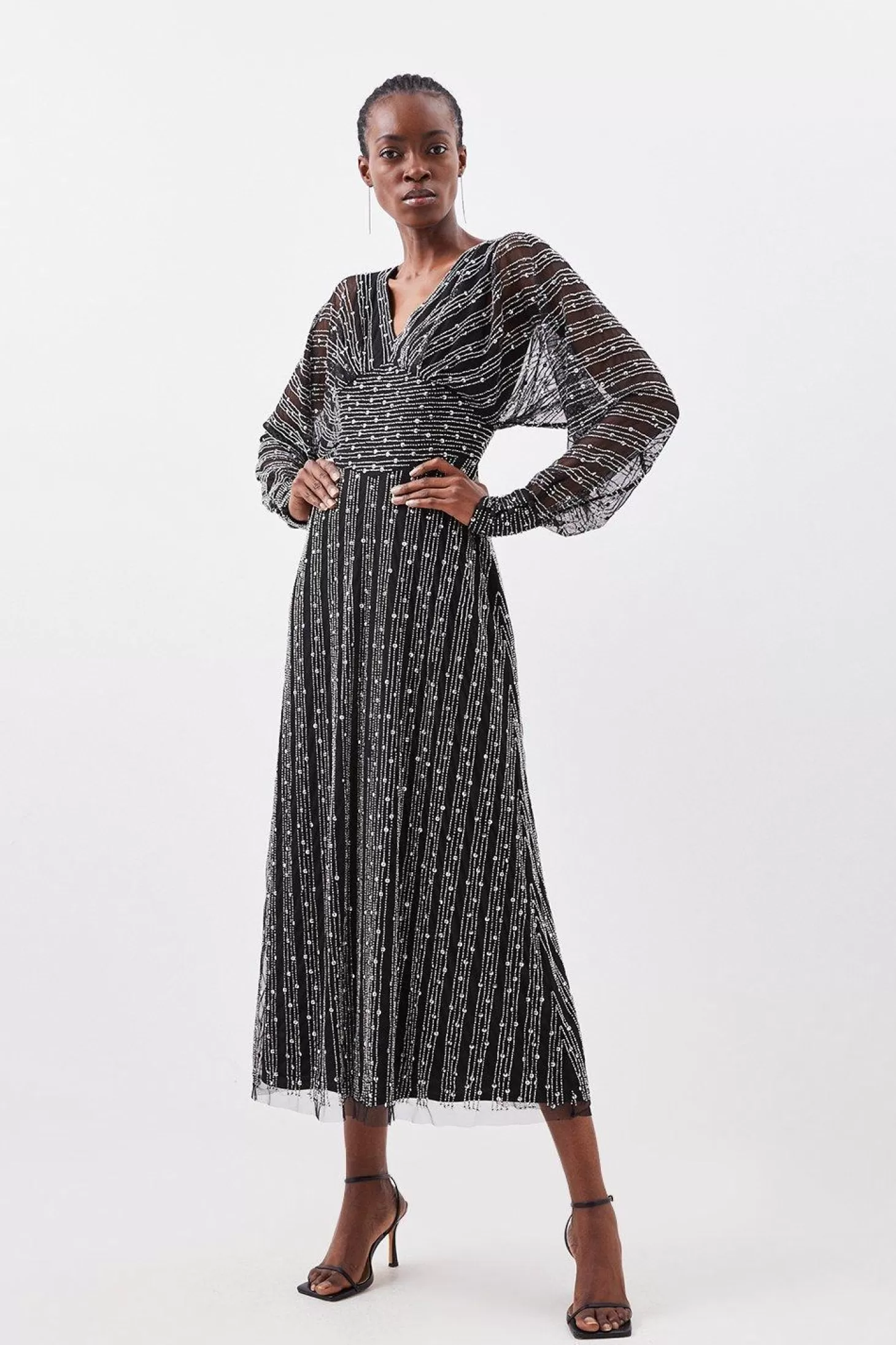 Karen Millen Stripe Embellished Plunge Batwing Maxi Dress