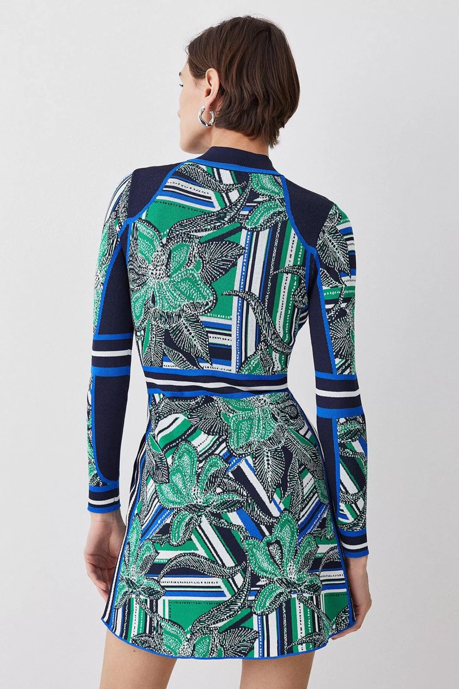 Karen Millen Stripe Floral Abstract Jacquard Knit Zip Neck Mini Dress