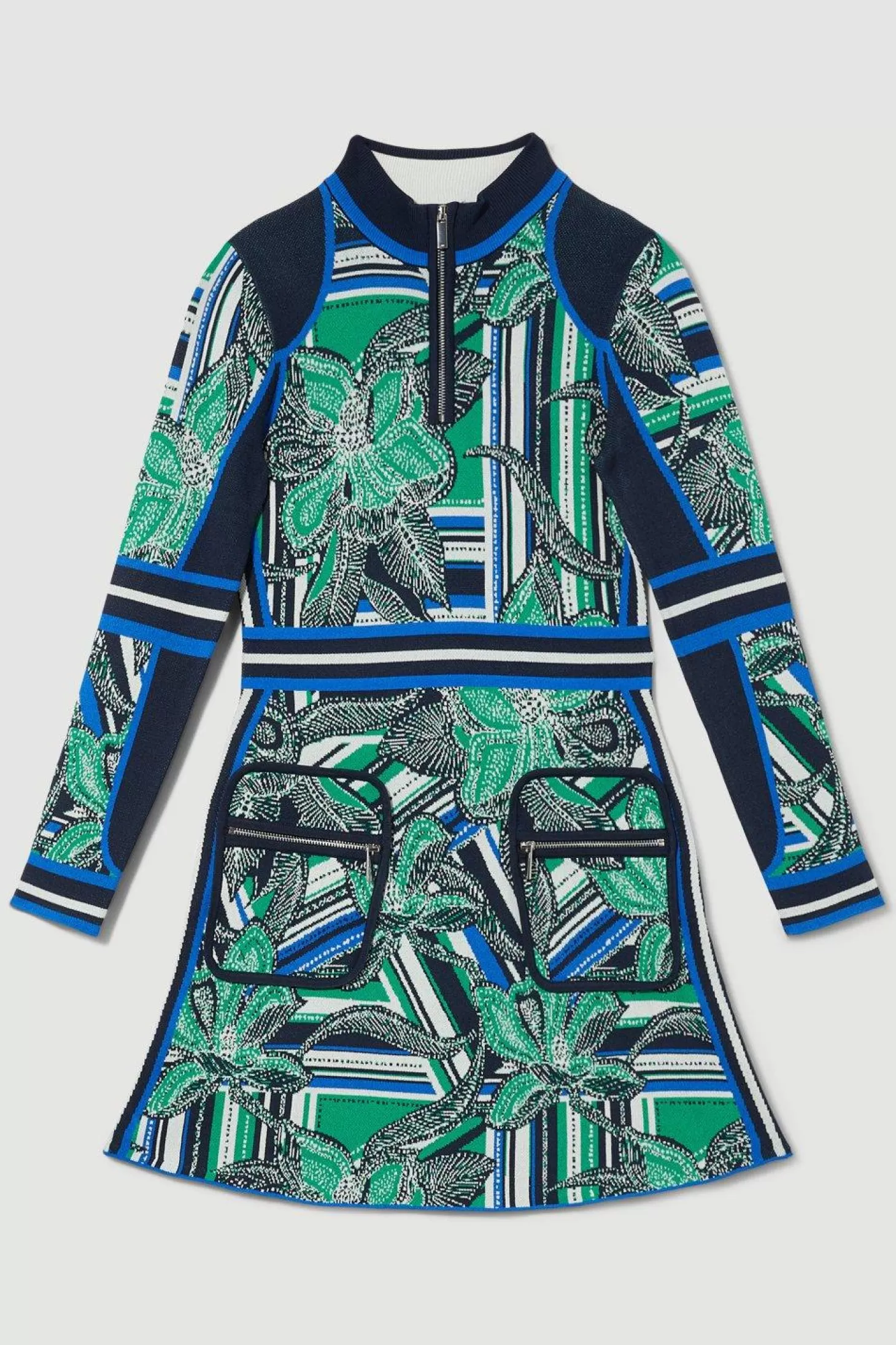 Karen Millen Stripe Floral Abstract Jacquard Knit Zip Neck Mini Dress
