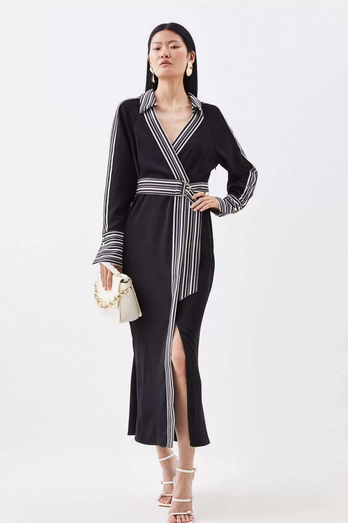 Karen Millen Stripe Twill Batwing Belted Woven Midi Dress