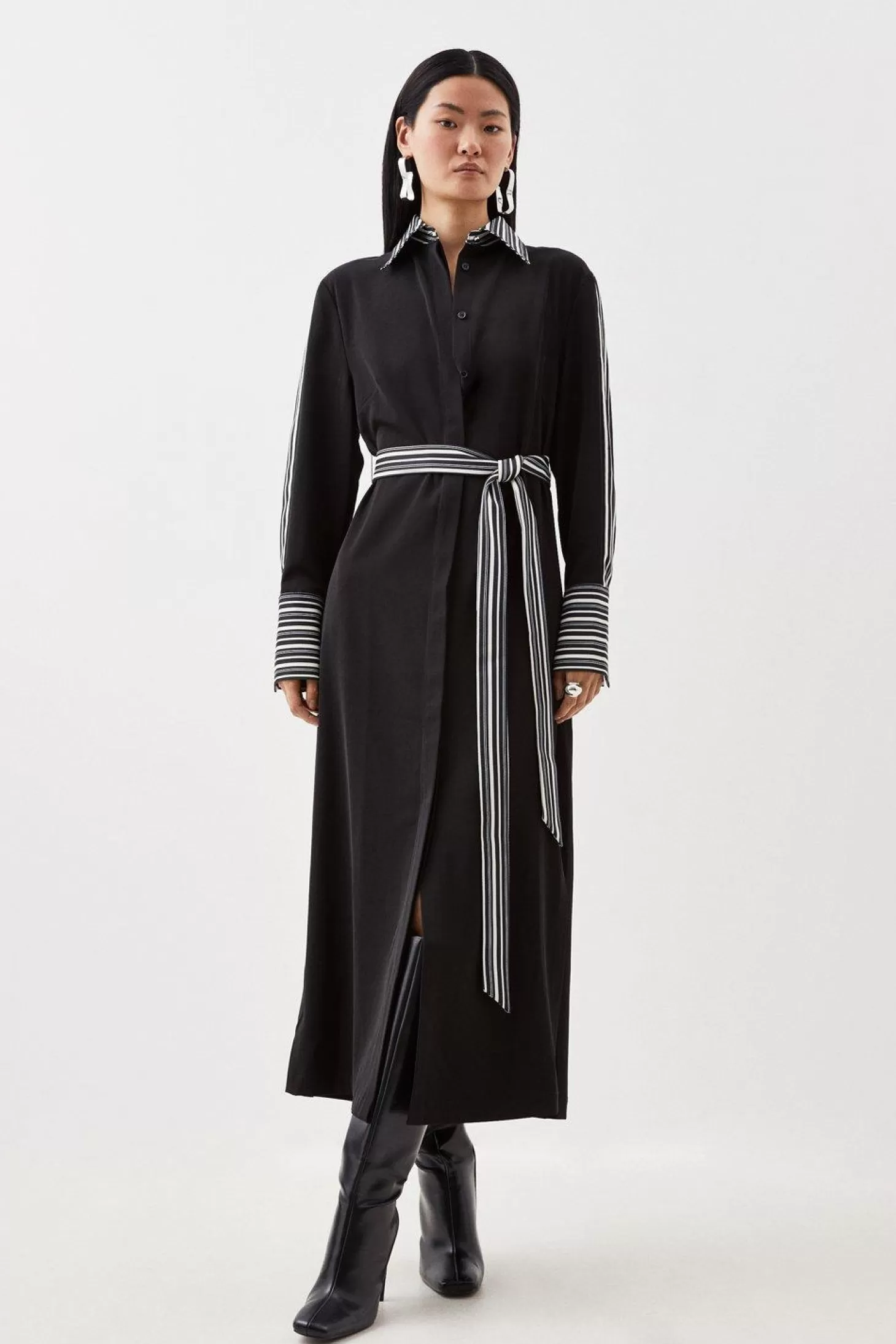 Karen Millen Stripe Twill Woven Belted Midi Shirt Dress