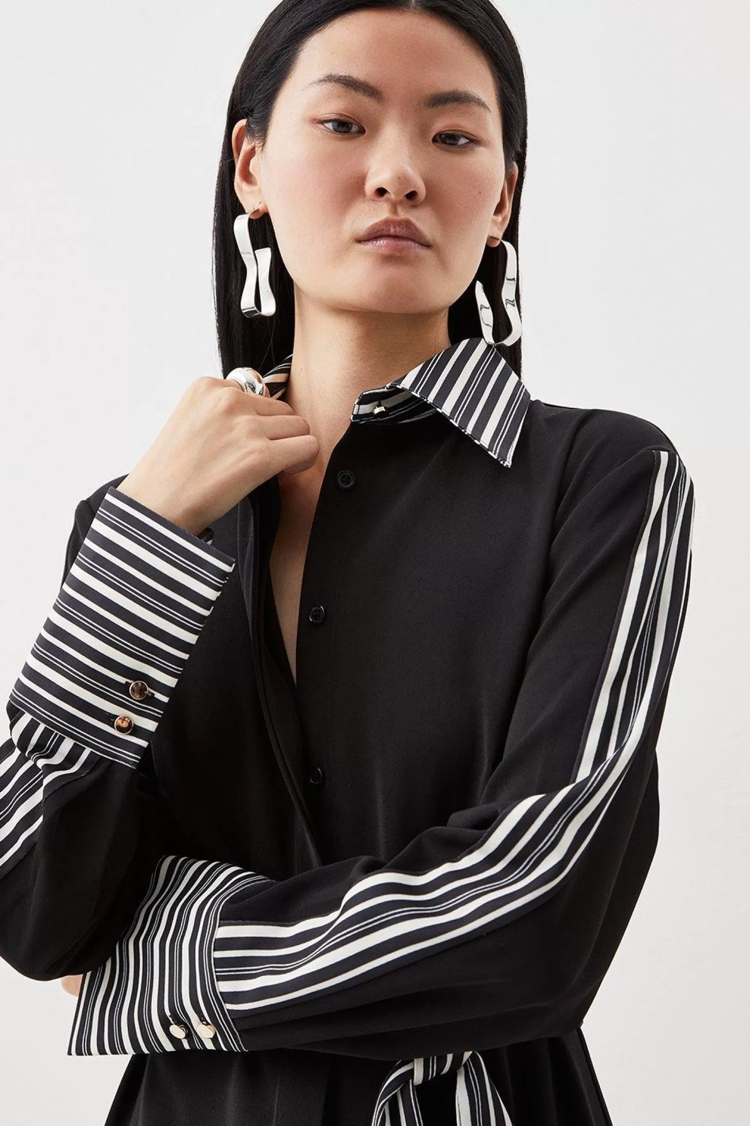 Karen Millen Stripe Twill Woven Belted Midi Shirt Dress