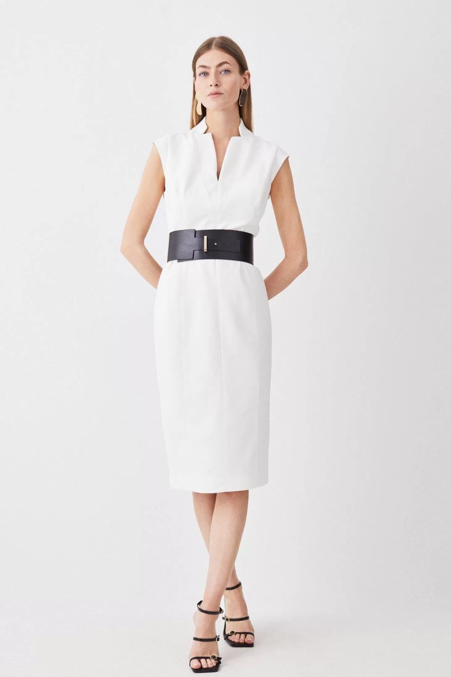 Karen Millen Structured Crepe Forever Cap Sleeve Belted Dress